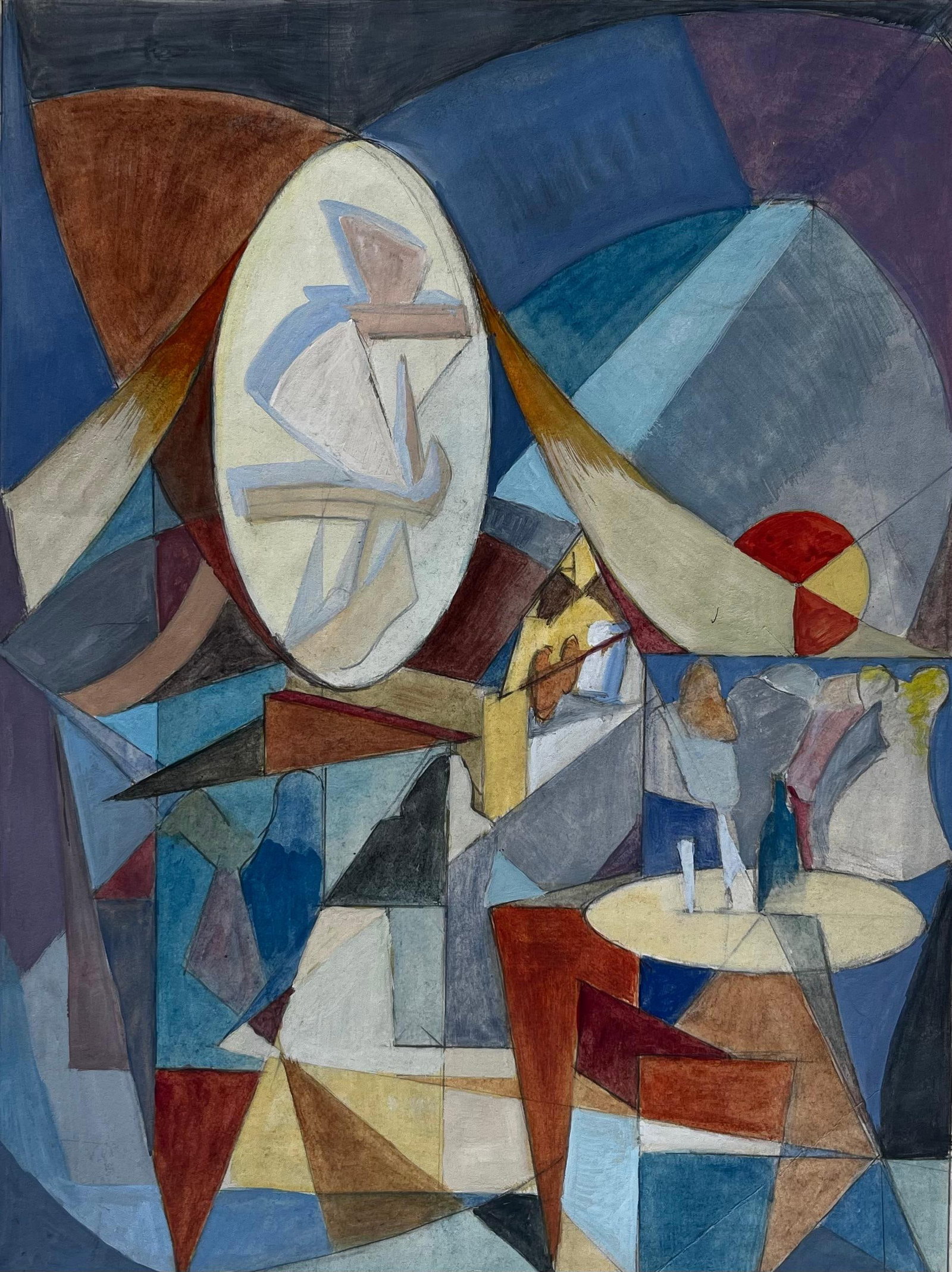 Cubist French Abstract Interior Scene With Figures Table And Geometric Shapes: Title: Cubist French Abstract Interior Scene With Figures Table And Geometric Shapes Guy Nicod (French 1923 - 2021) Gouache on artist paper, unframed Size: 19.5 x 15.75 inches (height x width) Provena