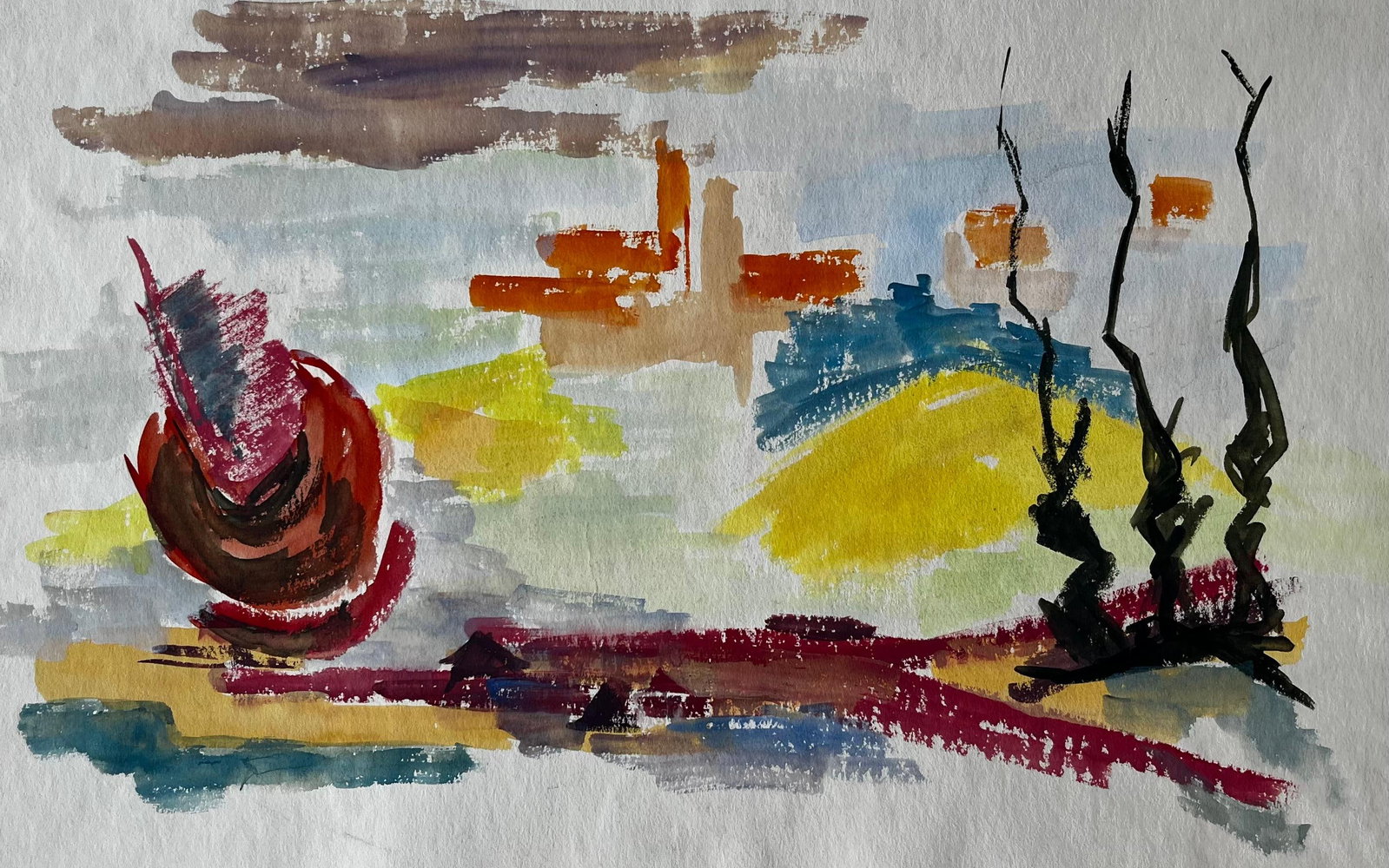 Abstract Landscape with Red Form and Cypress French Modernist Gouache: Title: Abstract Landscape with Red Form and Cypress French Modernist Gouache Guy Nicod (French 1923 - 2021) Gouache on artist paper, unframed Size: 15.75 x 19 inches (height x width) Provenance: Artis