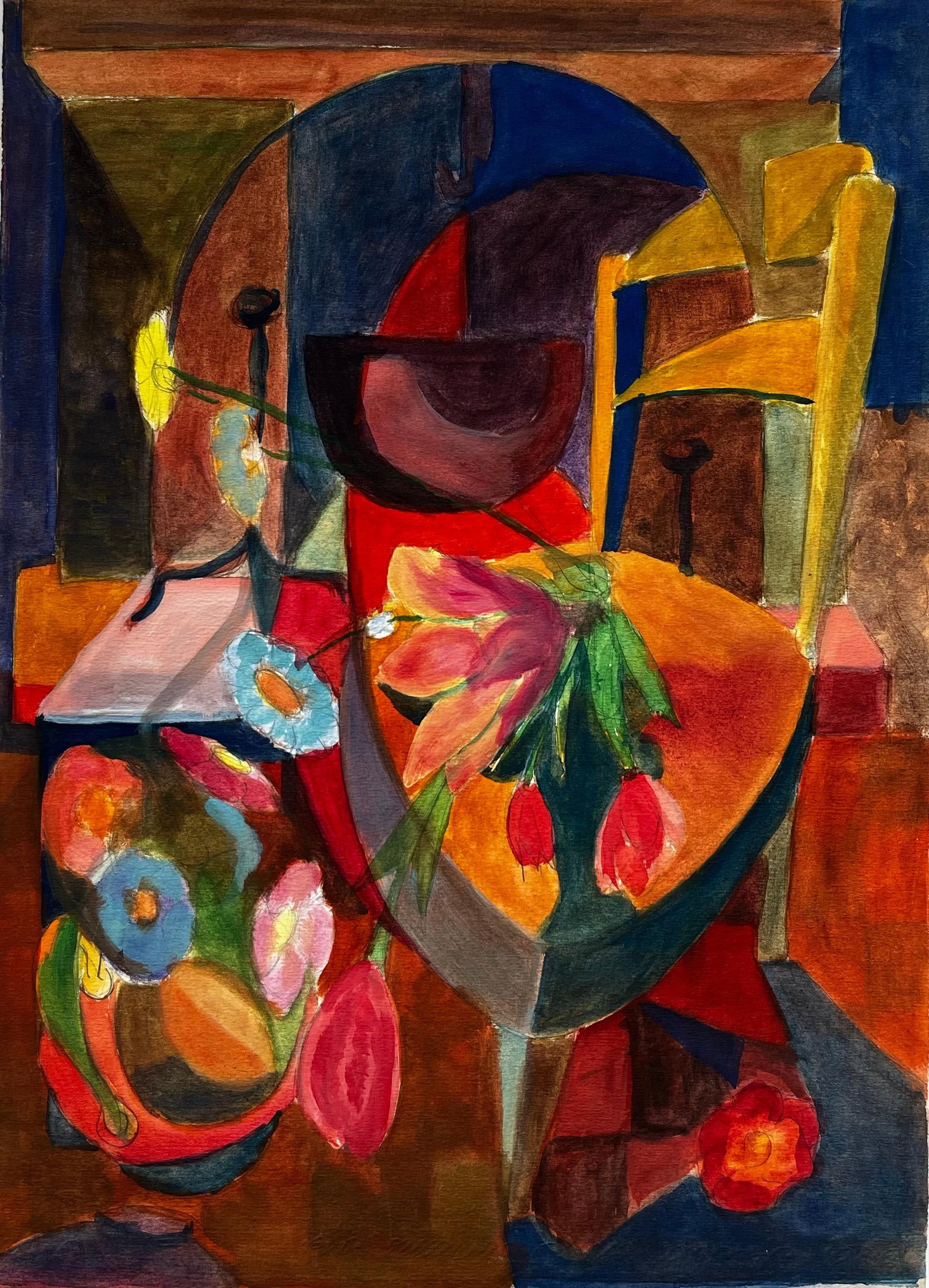 Cubist Still Life With Flowers Vase Chair And Book French Modernist Gouache: Title: Cubist Still Life With Flowers Vase Chair And Book French Modernist Gouache Guy Nicod (French 1923 - 2021) Gouache on artist paper, unframed Size: 19.75 x 11.75 inches (height x width) Provenan
