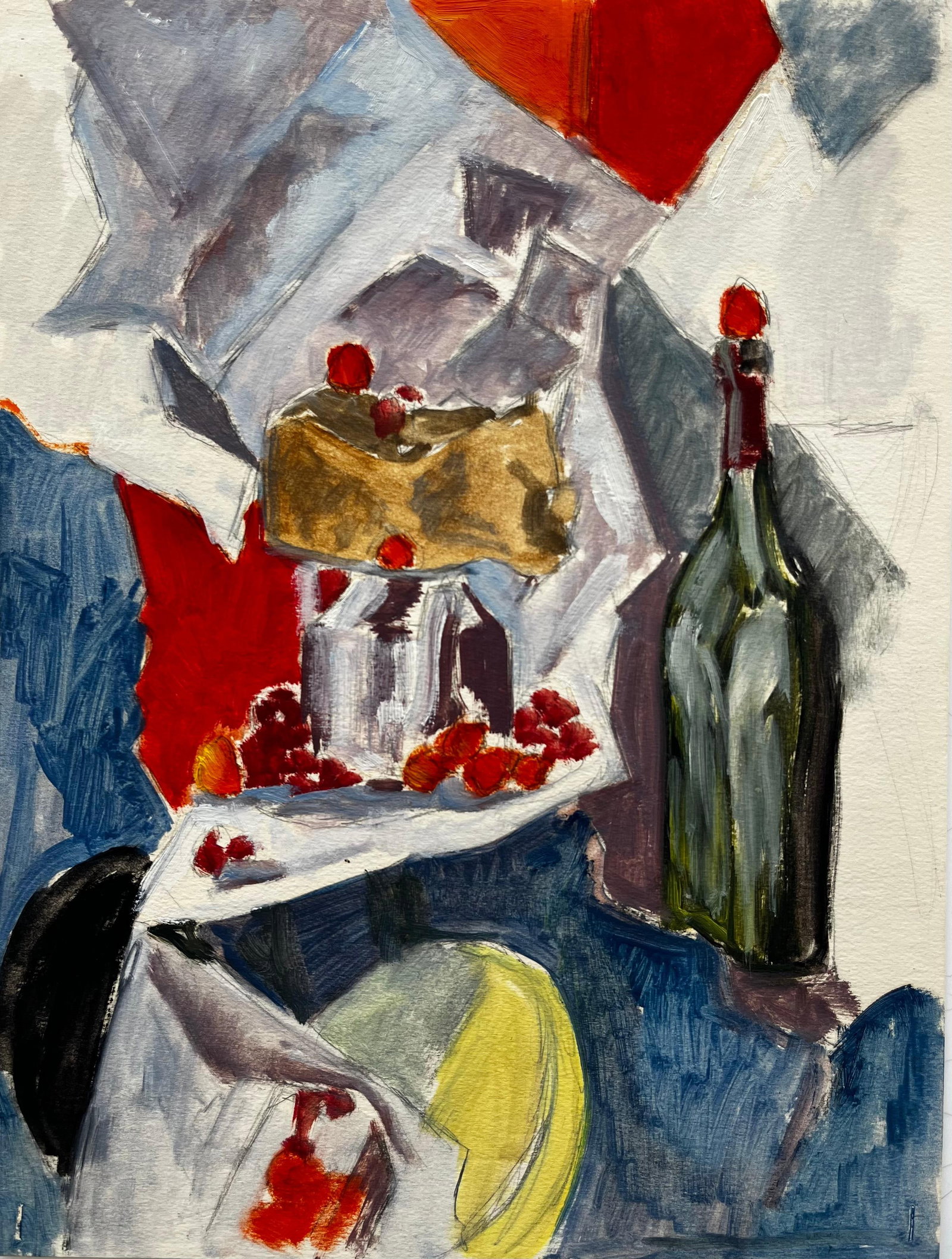 Modernist Still Life With Wine Bottle Cake And Raspberries French Gouache: Title: Modernist Still Life With Wine Bottle Cake And Raspberries French Gouache Guy Nicod (French 1923 - 2021) Gouache on artist paper, unframed Size: 12.75 x 9.5 inches (height x width) Provenance: 