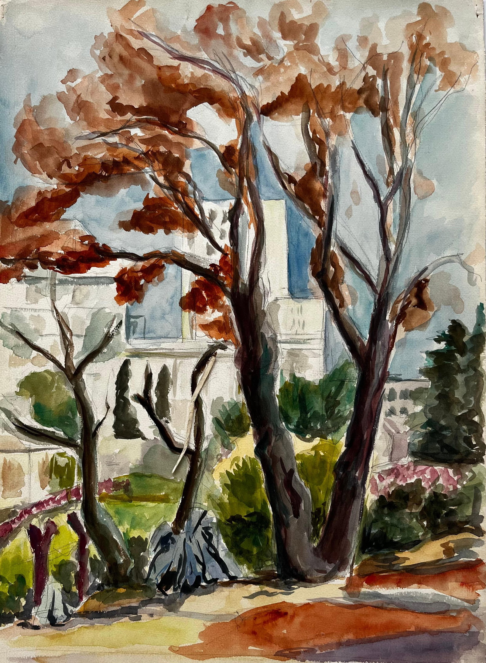 Autumn Trees in French Villa Garden Modernist Watercolour Landscape: Title: Autumn Trees in French Villa Garden Modernist Watercolour Landscape Guy Nicod (French 1923 - 2021) Gouache on artist paper, unframed Size: 19.75 x 12.75 inches (height x width) Provenance: Arti