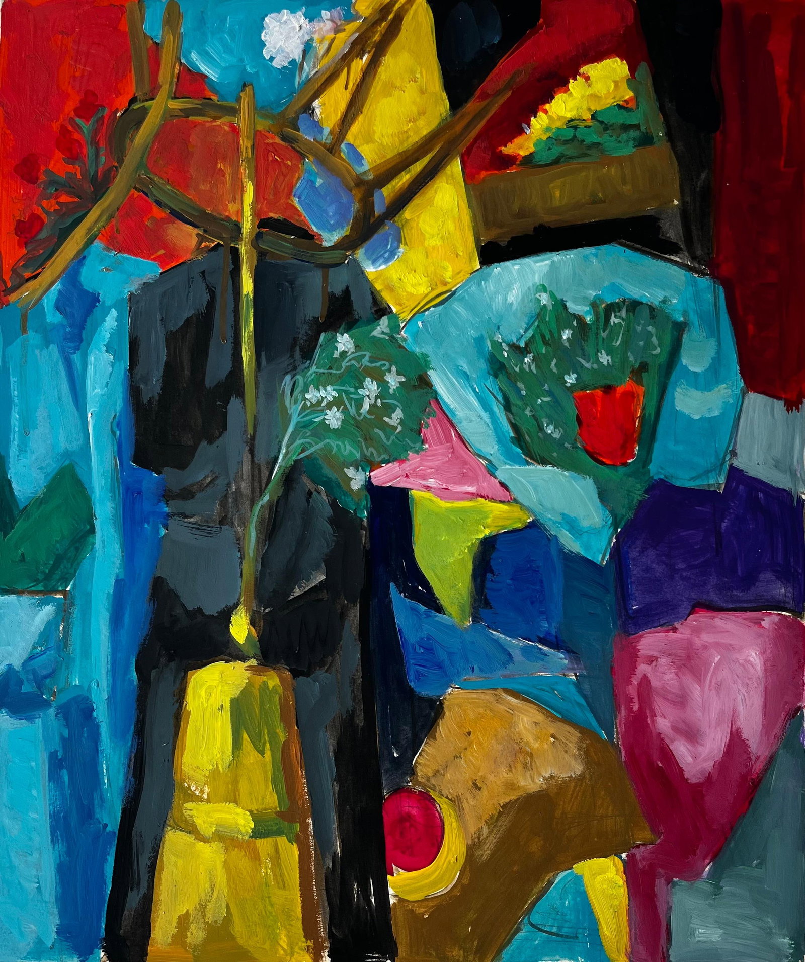 Abstract Still Life with Yellow Vase Red Curtain and Blue Flowers French Gouache: Title: Abstract Still Life with Yellow Vase Red Curtain and Blue Flowers French Gouache Guy Nicod (French 1923 - 2021) Gouache on artist paper, unframed Size: 22.5 x 19 inches (height x width) Provena
