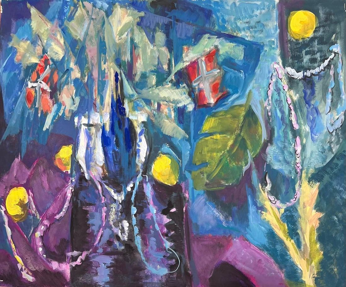 20th Century French Abstract Still Life Modernist Style Amazing Colors: Abstract Composition by Guy Nicod (French 1923 - 2021) oil on artist paper, unframed stamped verso painting : 19.5 x 24 inches provenance: artists estate, France condition: very good and sound conditi