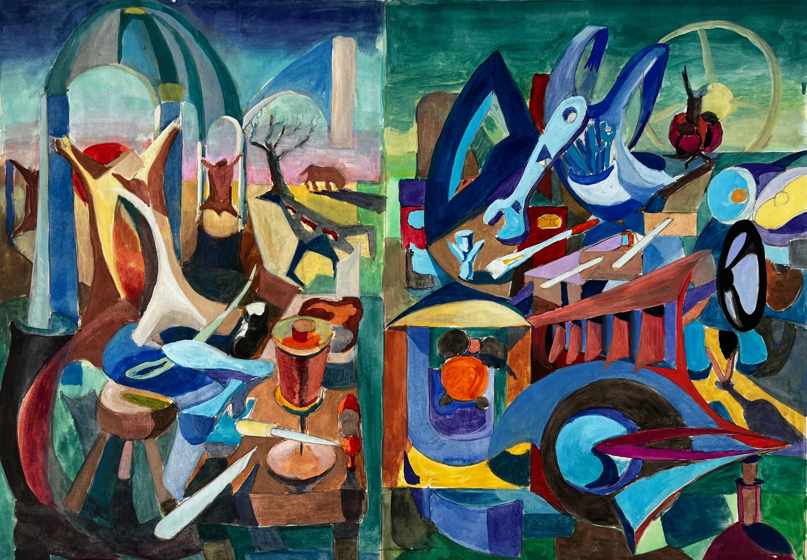 Cubist Workshop And Architectural Scene With Tools And Abstract Figures: Title: Cubist Workshop And Architectural Scene With Tools And Abstract Figures Guy Nicod (French 1923 - 2021) Gouache on artist paper, unframed Size: 15 x 21.5 inches (height x width) Provenance: Arti