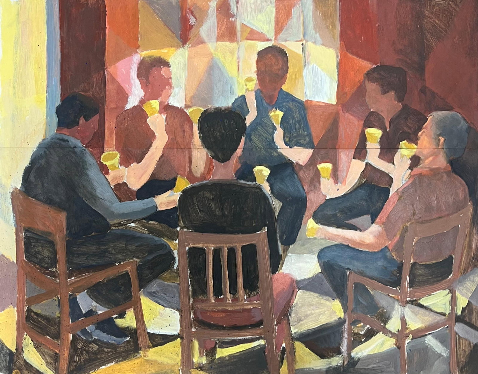 Circle of Friends Ringing Bells in Harmony Amidst Geometric Patterns French Oil: Bell Ringing Guy Nicod (French 1923 - 2021) gouache on artist paper, unframed painting : 16 x 20 inches provenance: artists estate, France condition: very good and sound condition