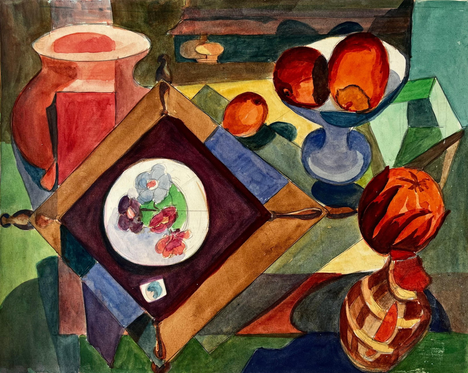 Cubist Abstract Still Life With Vase Fruit And Decorative Plate: Title: Cubist Abstract Still Life With Vase Fruit And Decorative Plate Guy Nicod (French 1923 - 2021) Gouache on artist paper, unframed Size: 13.75 x 19.25 inches (height x width) Provenance: Artists 