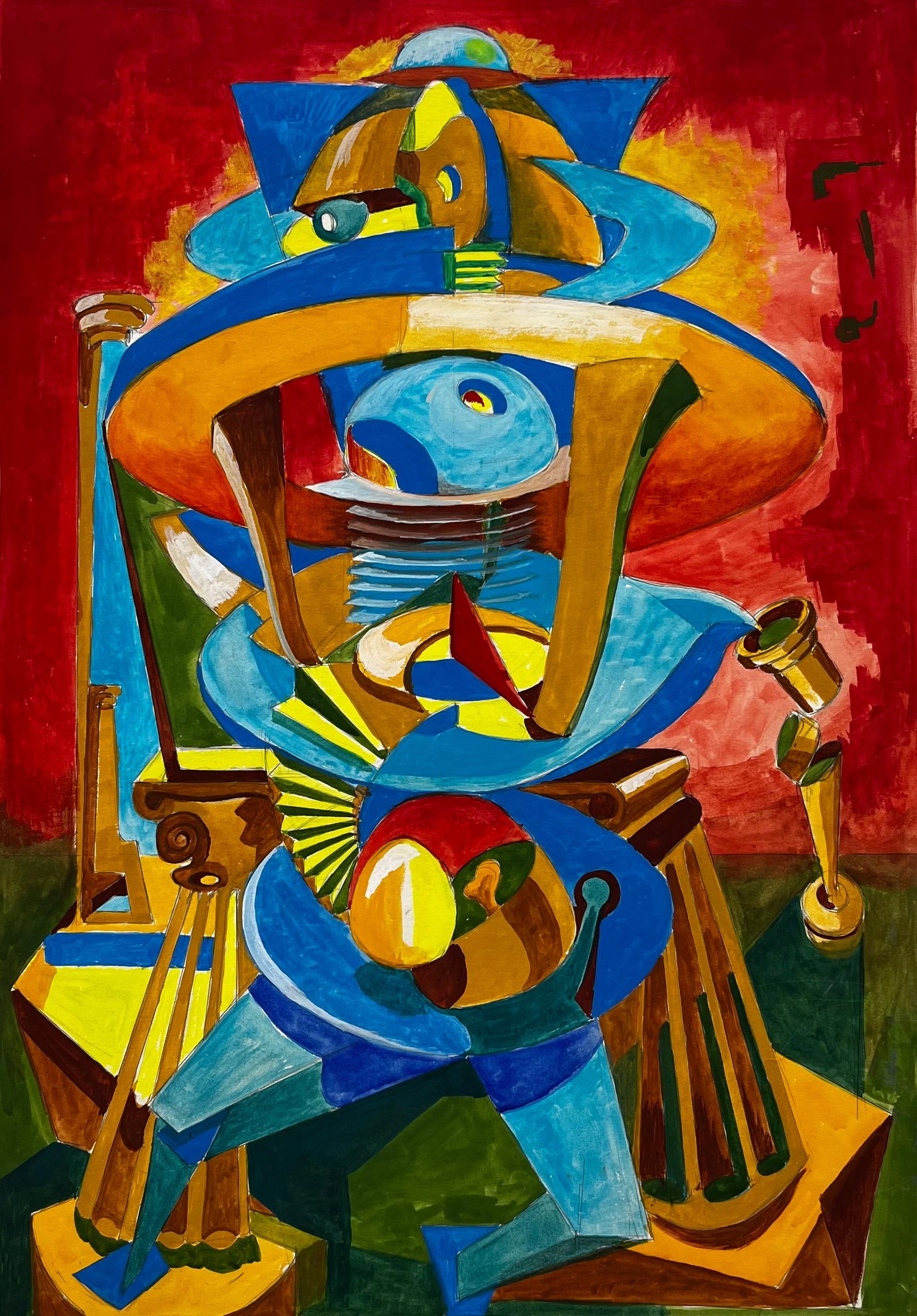Cubist Gouache French Abstract Figure With Geometric Shapes Red And Blue (1 of 9)
