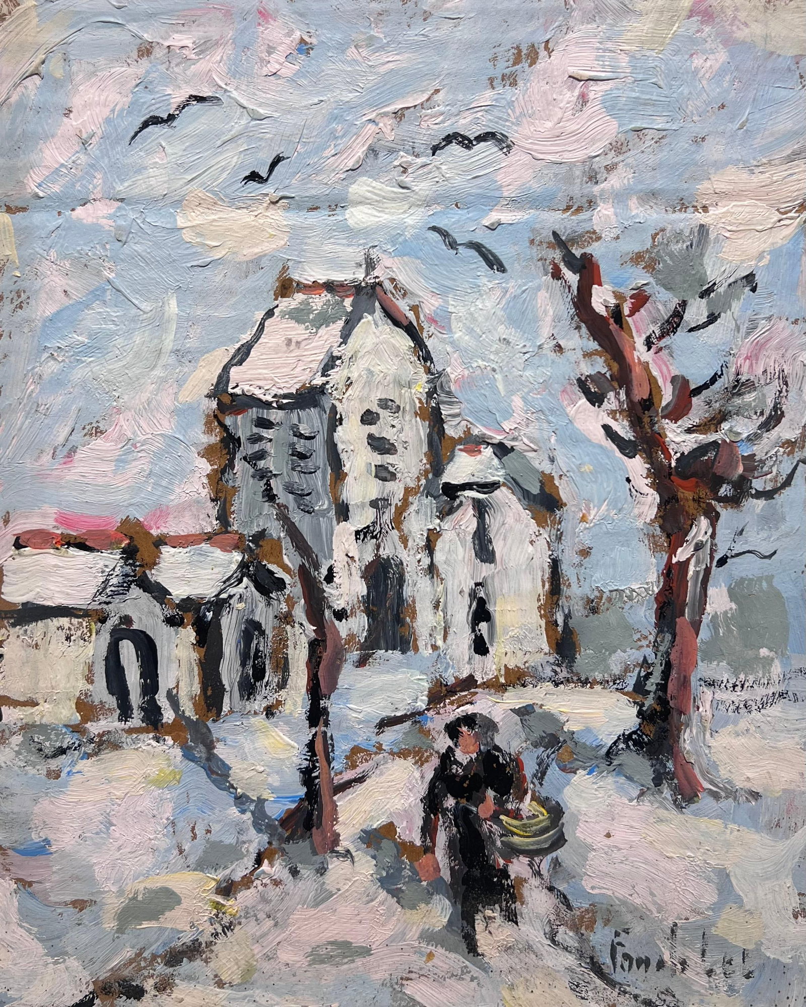 French Impressionist Winter Norman Village Snow Scene with Figure and Church: Winter Village Scene signed by Fanch Lel (French b. 1930). Oil painting on cardboard, unframed. Size: 11 x 9 inches. Inscribed verso and dated 2003. Condition: The painting is in good condition, with 