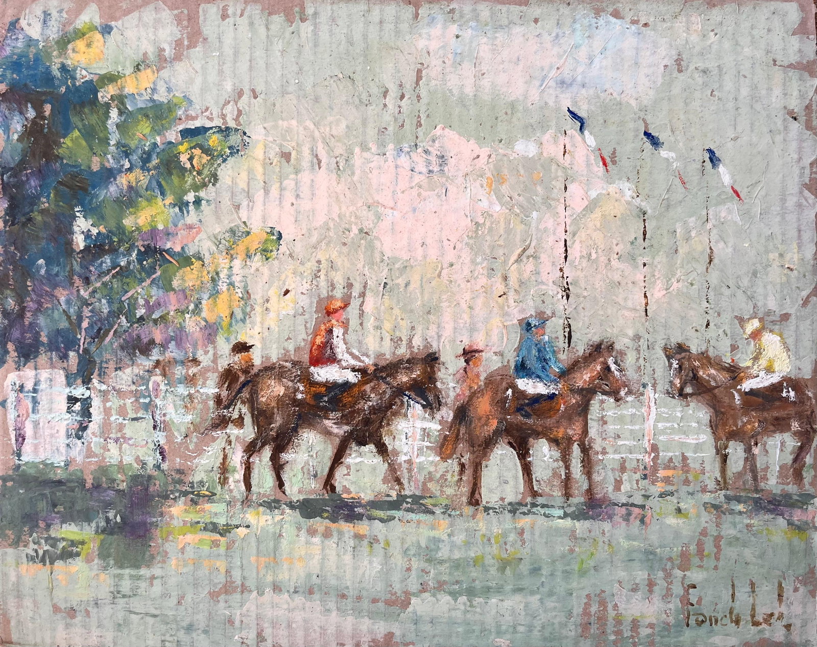 French Impressionist Equestrian Parade with Jockeys and French Flags: Title: French Impressionist Equestrian Parade with Jockeys and French Flags By Fanch Lel. Signed: Yes. Size: 13 x 16.25 inches. Oil painting on cardboard, unframed. Condition: Good condition overall w