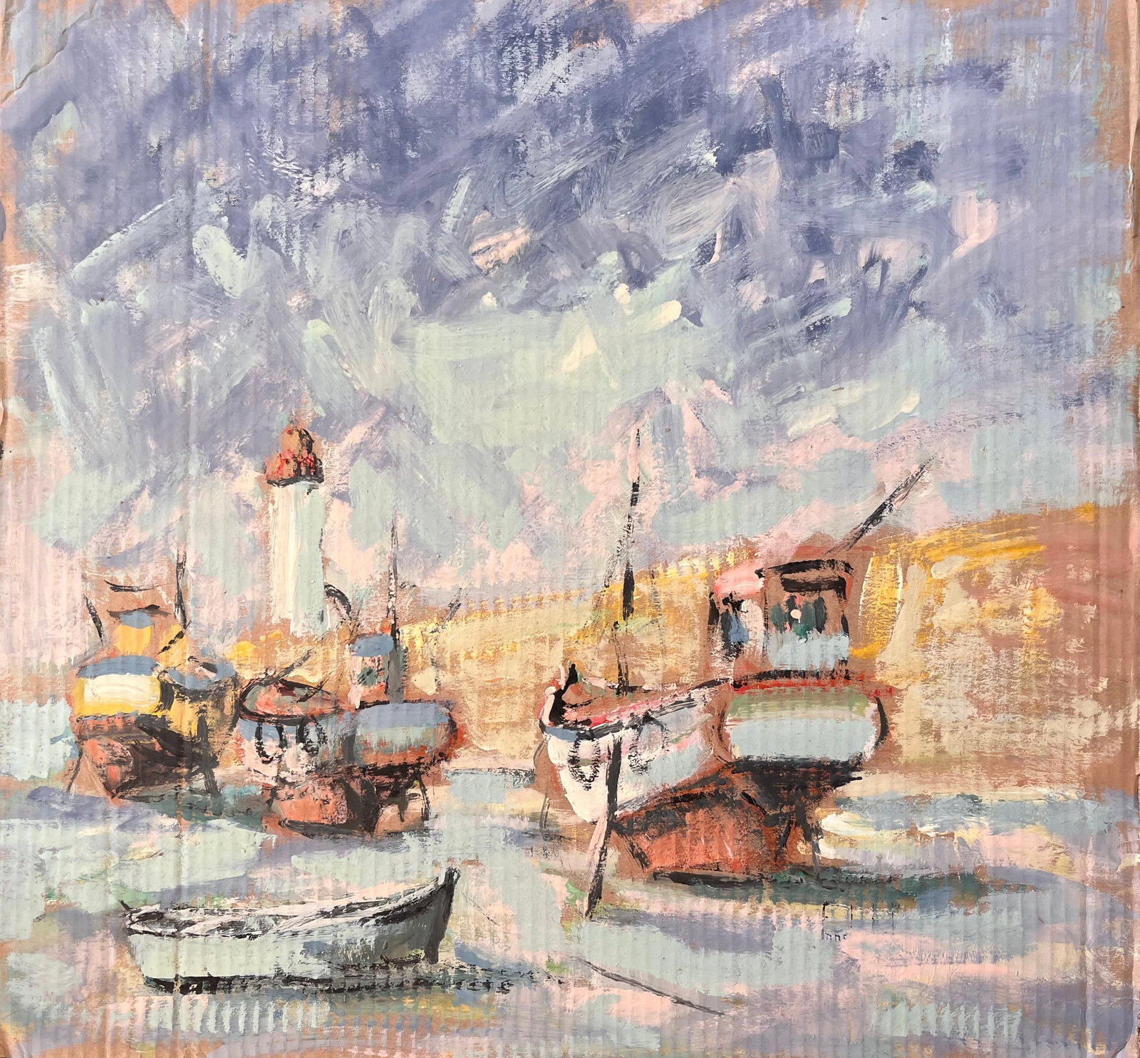 French Impressionist Harbour Scene with Boats and Lighthouse in Erquy: Title: French Impressionist Harbour Scene with Boats and Lighthouse in Erquy By Fanch Lel. Signed: Yes. Size: 19.25 x 20.5 inches. Oil painting on cardboard, unframed. Condition: The painting is in go
