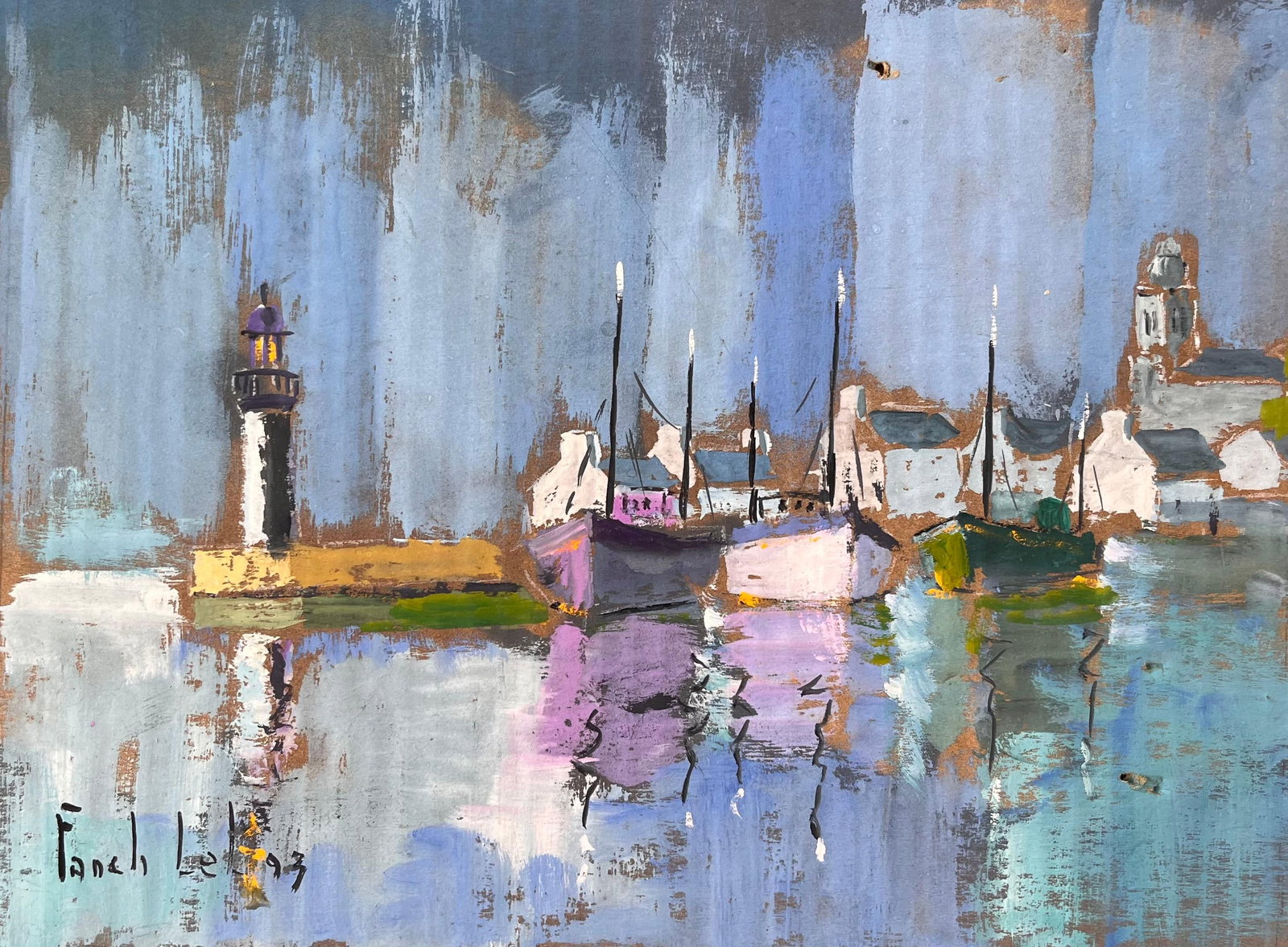 Colourful Impressionist Harbour with Lighthouse Boats and Reflections at Dusk: Title: Colourful Impressionist Harbour with Lighthouse Boats and Reflections at Dusk By Fanch Lel. Signed: Yes. Size: 11.75 x 15.75 inches. Oil painting on cardboard, unframed. Condition: The painting