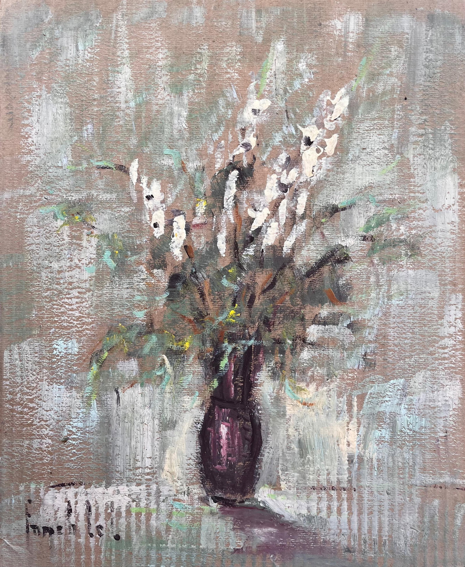Impressionist Still Life of White Gladiolus Flowers in Plum Vase: Title: Impressionist Still Life of White Gladiolus Flowers in Plum Vase By Fanch Lel. Signed: Yes. Size: 18.25 x 15 inches. Oil painting on cardboard, unframed. Condition: The painting is in good cond