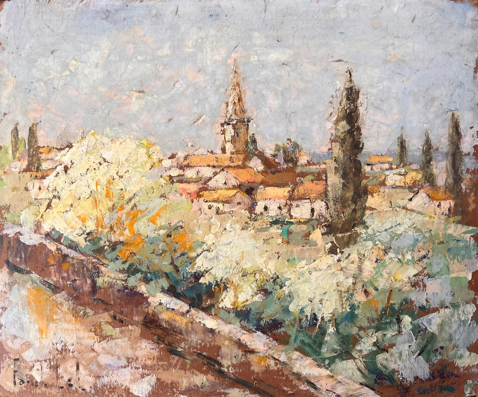 Impressionist View of Moissac France with Church Tower and Blossoming Trees: Title: Impressionist View of Moissac France with Church Tower and Blossoming Trees By Fanch Lel. Signed: Yes. Size: 15 x 18 inches. Oil painting on cardboard, unframed. Condition: The painting is in g