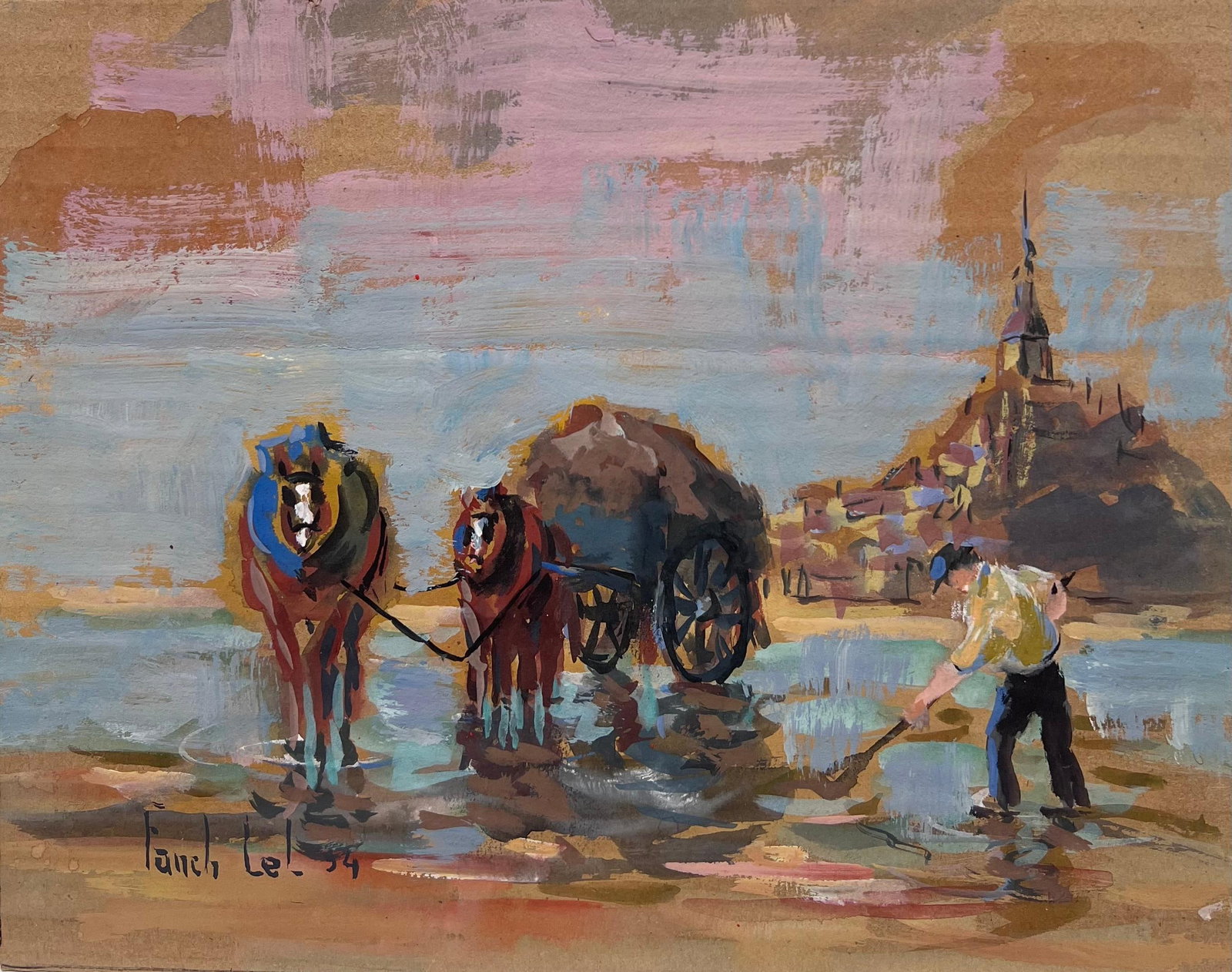 French Impressionist Rustic Workday at the Water’s Edge Horses & Cart Landscape: Rustic Workday signed by Fanch Lel (French b. 1930). Dated 94. Size: 9 x 10.75 inches. Gouache painting on cardboard, unframed. Condition: The painting is in good condition, with minor signs of aging.