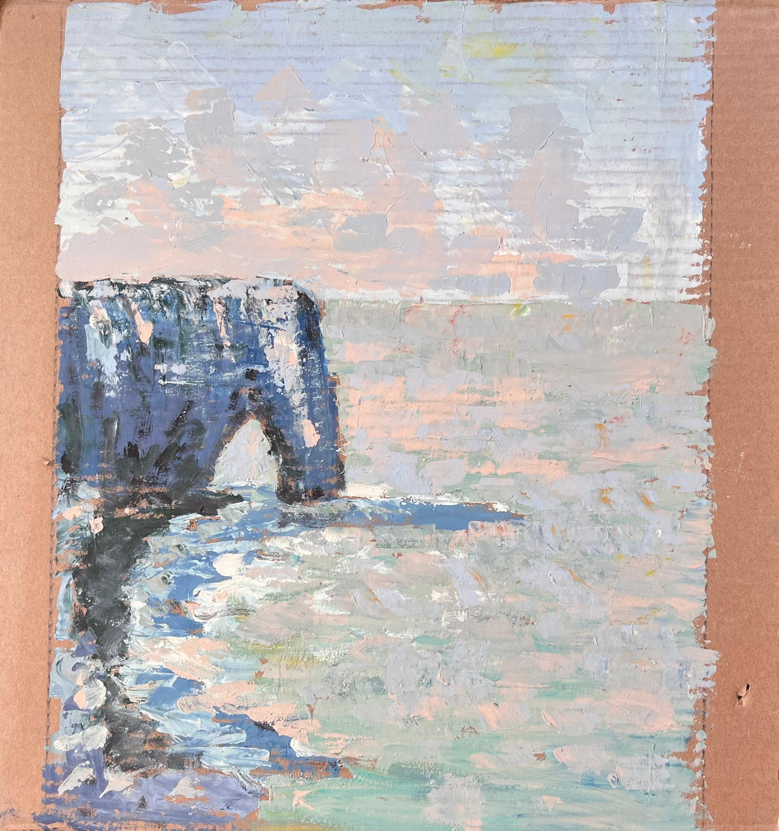 French Impressionist Seascape of Étretat Cliffs Normandy Coast: Title: French Impressionist Seascape of Etretat Cliffs Normandy Coast By Fanch Lel. Size: 20.5 x 19.25 inches. Oil painting on cardboard, unframed. Condition: Good condition overall with minor surface