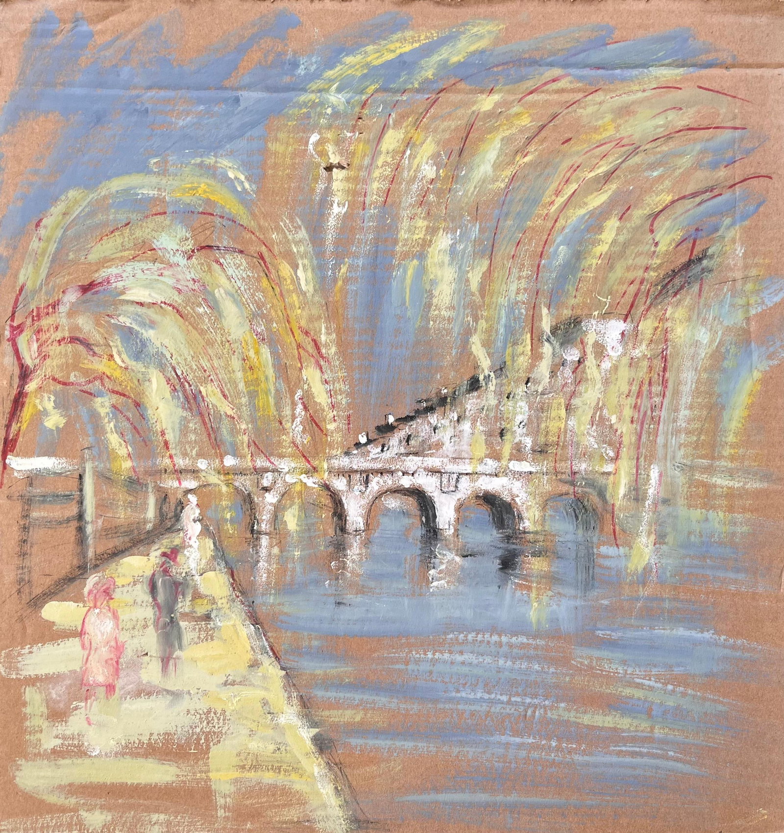 French Impressionist River Scene with Arched Bridge and Tree Lined Promenade: Title: French Impressionist River Scene with Arched Bridge and Tree Lined Promenade By Fanch Lel. Size: 20.5 x 19.25 inches. Oil painting on cardboard, unframed. Condition: The painting is in good vin