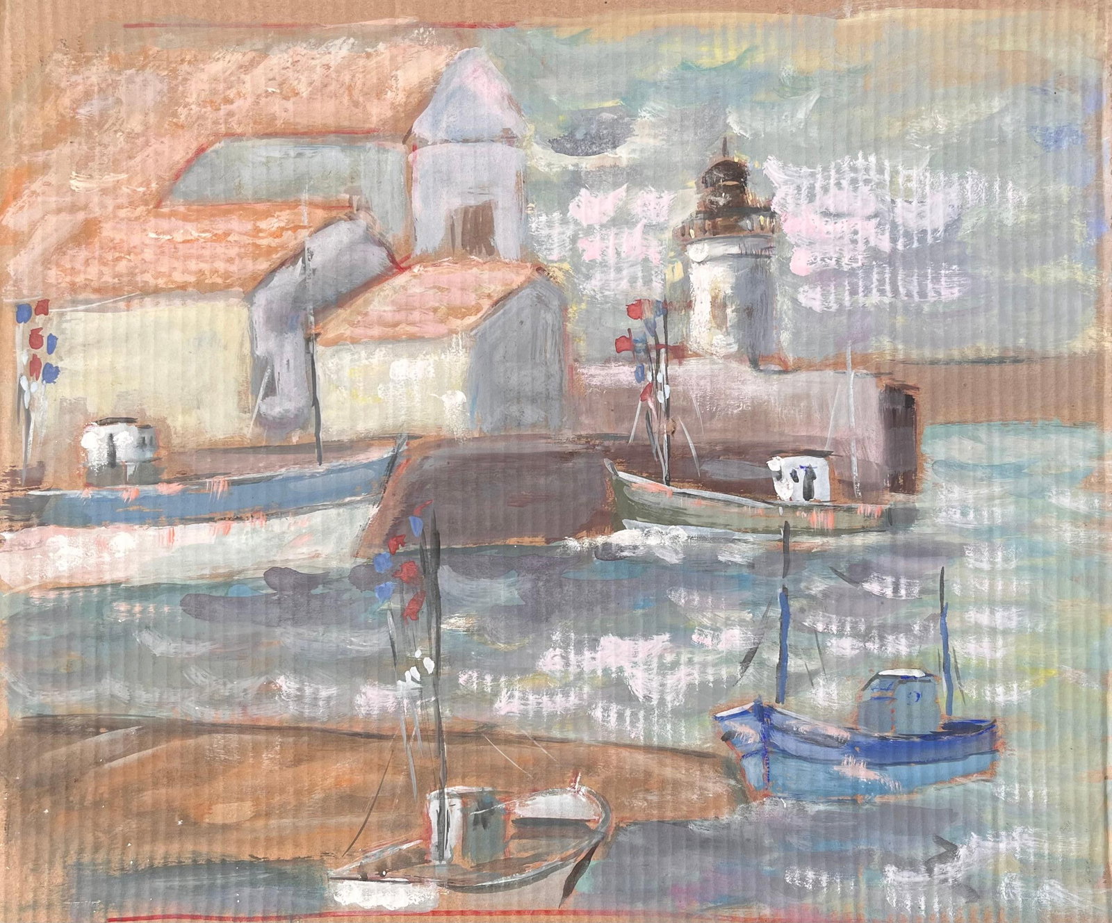 French Impressionist Lighthouse Harbour Scene with Boats and Red Tile Roofs: Title: French Impressionist Lighthouse Harbour Scene with Boats and Red Tile Roofs By Fanch Lel. Size: 19.5 x 20.75 inches. Gouache painting on cardboard, unframed. Condition: Good condition overall w