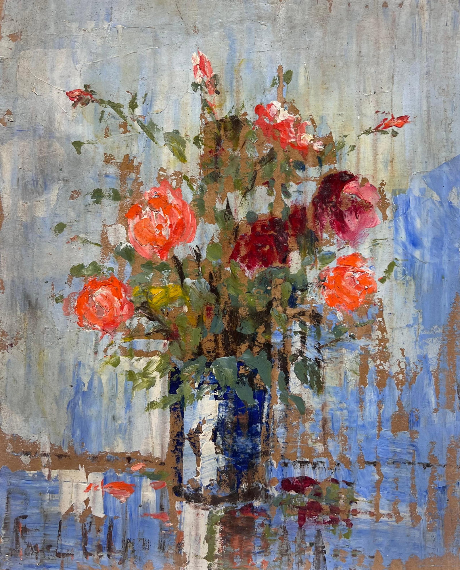 French Impressionist Vibrant Red Roses in a Rustic Blue Vase Still Life: Signed by Fanch Lel (French b. 1930). Size: 11 x 9 inches. Oil painting on cardboard, unframed. Condition: The painting is in good condition, with minor signs of aging. Provenance: All the paintings w