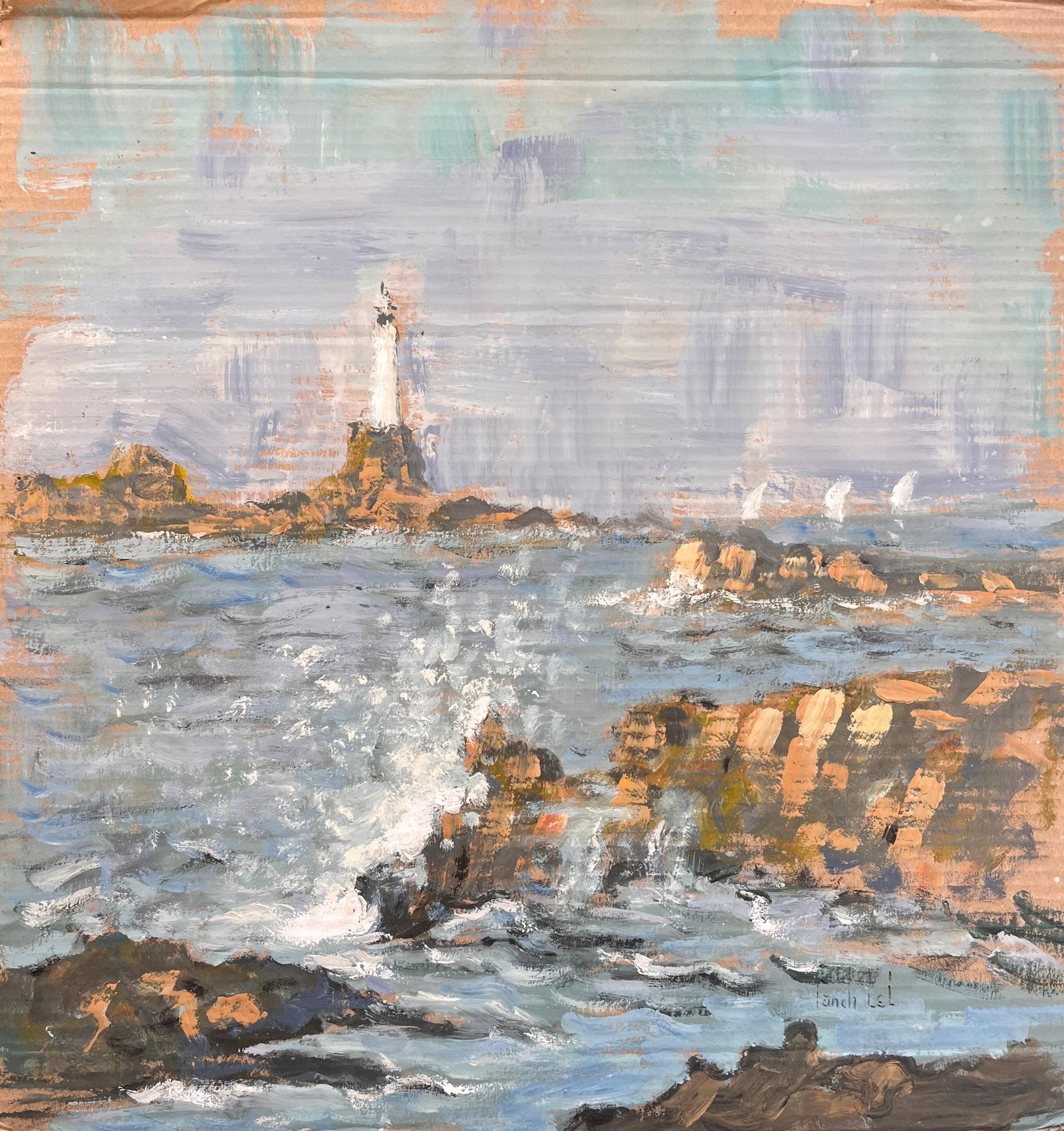 Impressionist Seascape with Crashing Waves and Distant Lighthouse on Rocky Coast (1 of 8)
