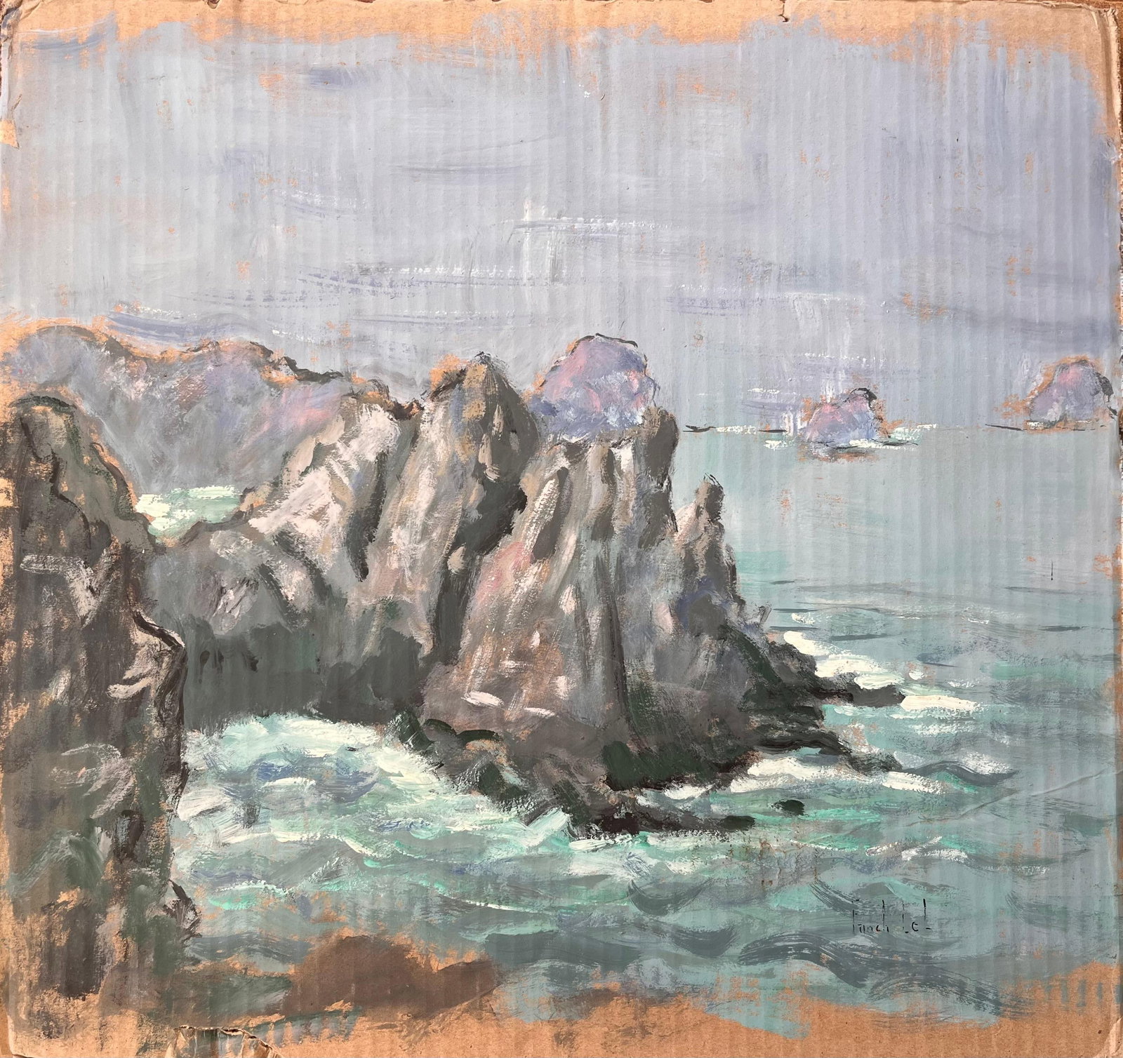 Coastal Cliffs and Sea Stacks View of Tas de Pois in Crozon Peninsula: Title: Coastal Cliffs and Sea Stacks View of Tas de Pois in Crozon Peninsula By Fanch Lel. Signed: Yes. Size: 19.25 x 20.5 inches. Oil painting on cardboard, unframed. Condition: The painting is in go