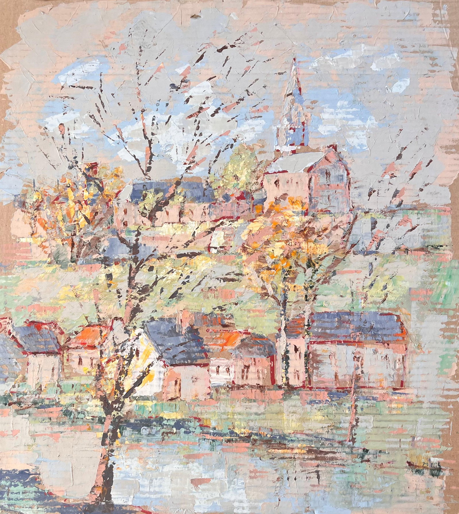 Impressionist Village Hilltop Church Scene with Autumn Trees by Fanch Lel: Title: Impressionist Village Hilltop Church Scene with Autumn Trees By Fanch Lel. Size: 20.5 x 19.25 inches. Oil painting on cardboard, unframed. Condition: Good condition overall with minor surface h