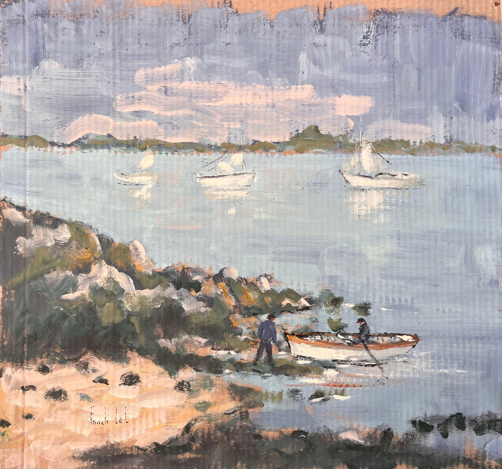 French Impressionist Coastal Scene of Fishermen and Boats in Brittany: Title: French Impressionist Coastal Scene of Fishermen and Boats in Brittany By Fanch Lel. Signed: Yes. Size: 19.25 x 20.5 inches. Oil painting on cardboard, unframed. Condition: The painting is in go