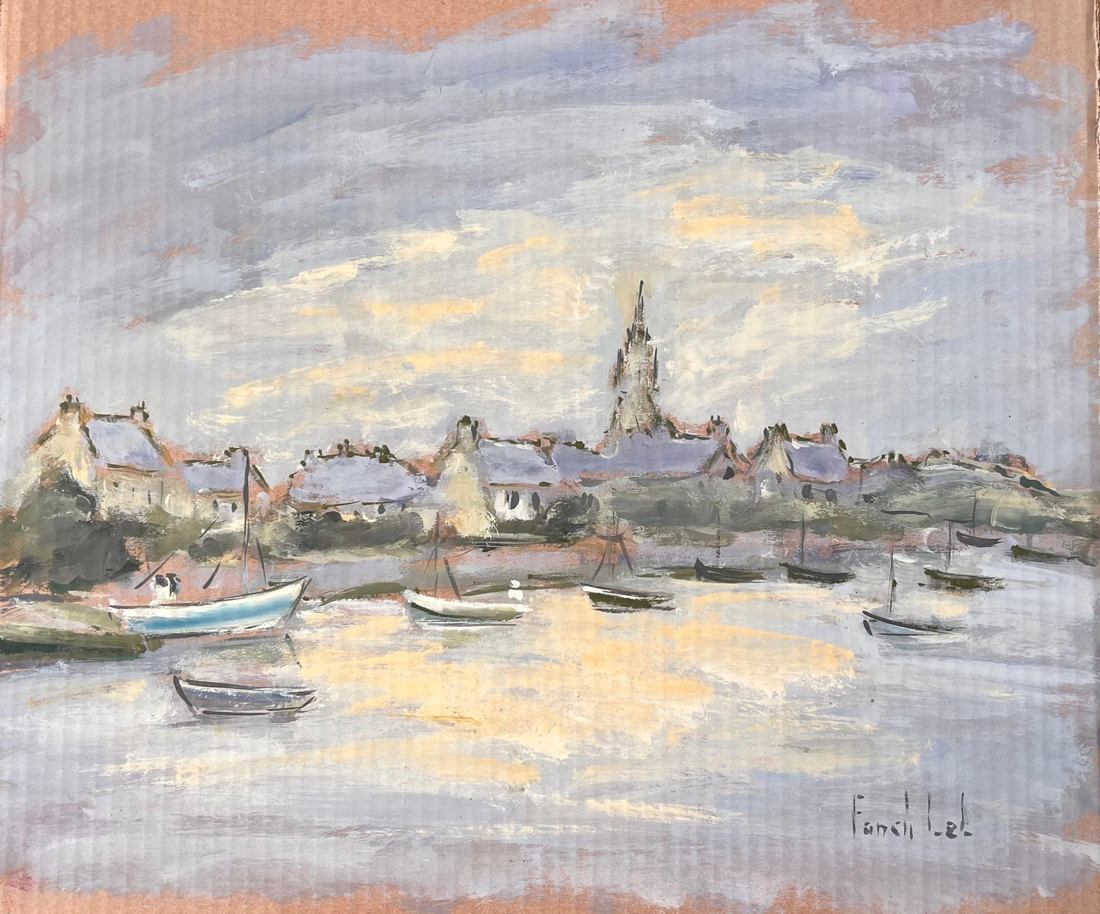 French Impressionist Village Harbour with Boats at Dusk by Fanch Lel: Title: French Impressionist Village Harbour with Boats at Dusk By Fanch Lel. Signed: Yes. Size: 19.25 x 20.5 inches. Oil painting on cardboard, unframed. Condition: Good condition overall with minor s