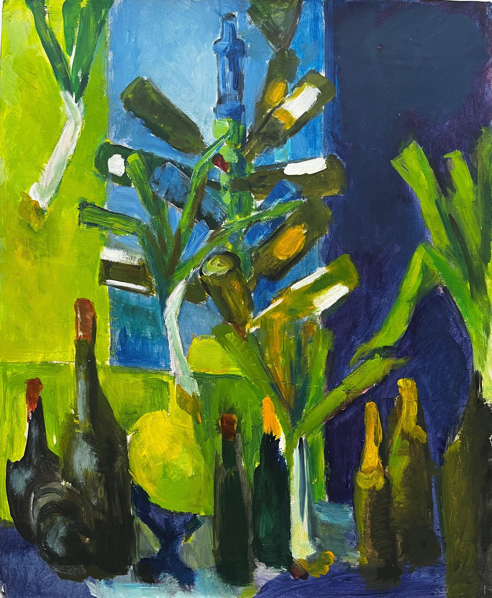Still Life with Green Bottles Leeks and Blue Interior Modernist Gouache: Title: Still Life with Green Bottles Leeks and Blue Interior Modernist Gouache Guy Nicod (French 1923 - 2021) Gouache on artist paper, unframed Size: 24 x 19.75 inches (height x width) Provenance: Art
