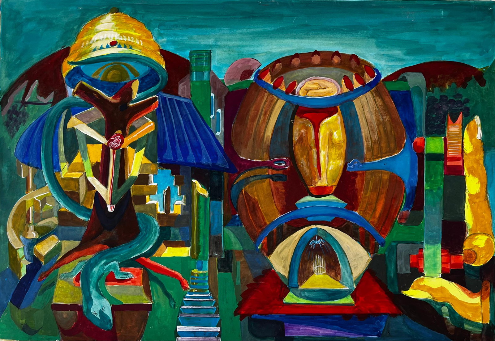 Cubist Surrealist Architectural Fantasy With Abstract Domes French Gouache (1 of 8)