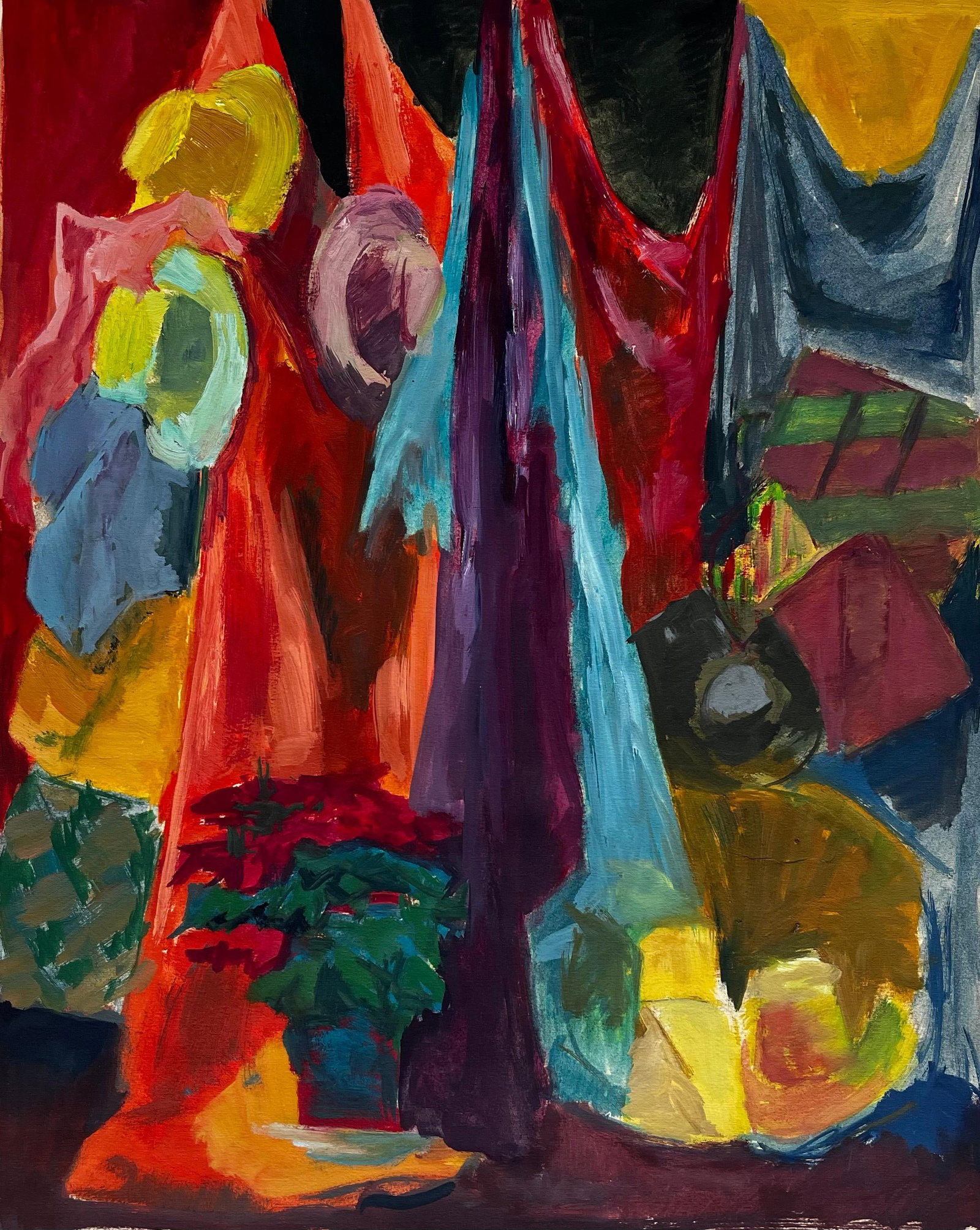 Colourful Draped Fabrics Hanging Hats and Red Flower Pot Modernist Still Life: Title: Colourful Draped Fabrics Hanging Hats and Red Flower Pot Modernist Still Life Guy Nicod (French 1923 - 2021) Gouache on artist paper, unframed Size: 25.25 x 18.25 inches (height x width) Proven