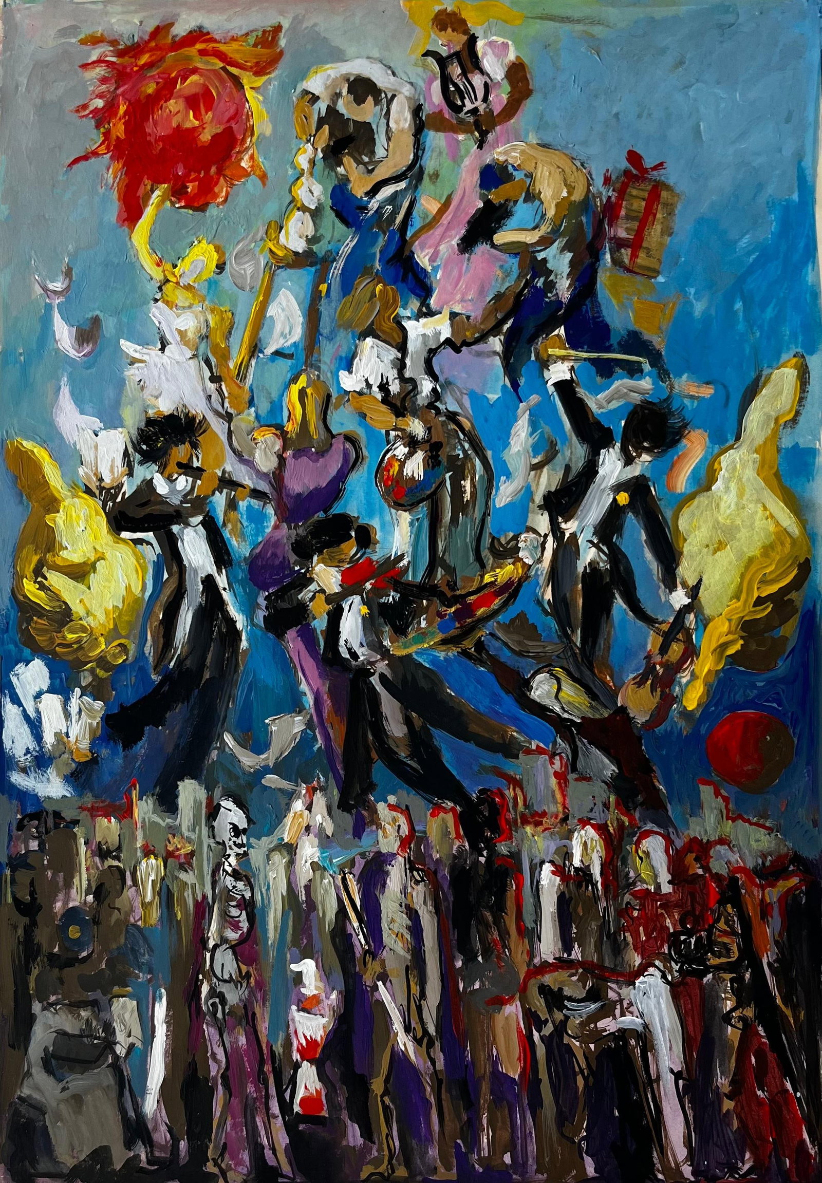 Dynamic French Modernist Carnival Procession with Figures and Red Sun: Title: Dynamic French Modernist Carnival Procession with Figures and Red Sun Guy Nicod (French 1923 - 2021) Gouache on artist paper, unframed Size: 24 x 19.25 inches (height x width) Provenance: Artis