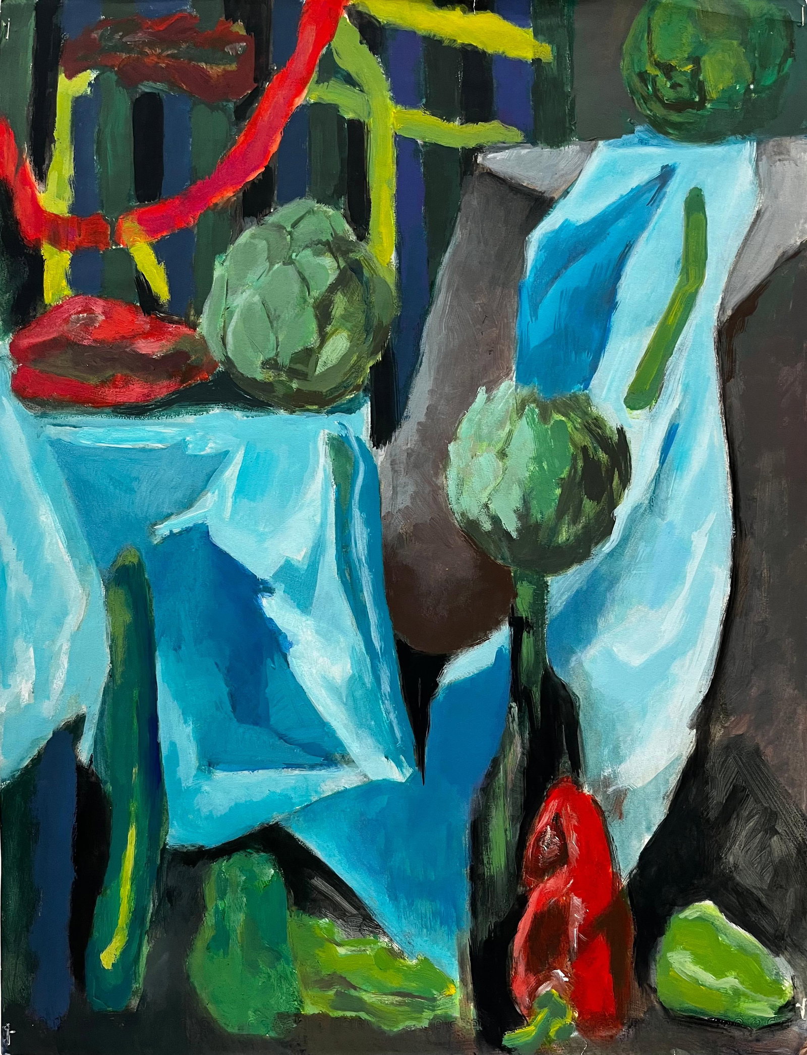 Artichokes Blue Drapery and Vegetable Still Life Gouache Painting: Title: Artichokes Blue Drapery and Vegetable Still Life Gouache Painting Guy Nicod (French 1923 - 2021) Gouache on artist paper, unframed Size: 25.75 x 19.5 inches (height x width) Provenance: Artists