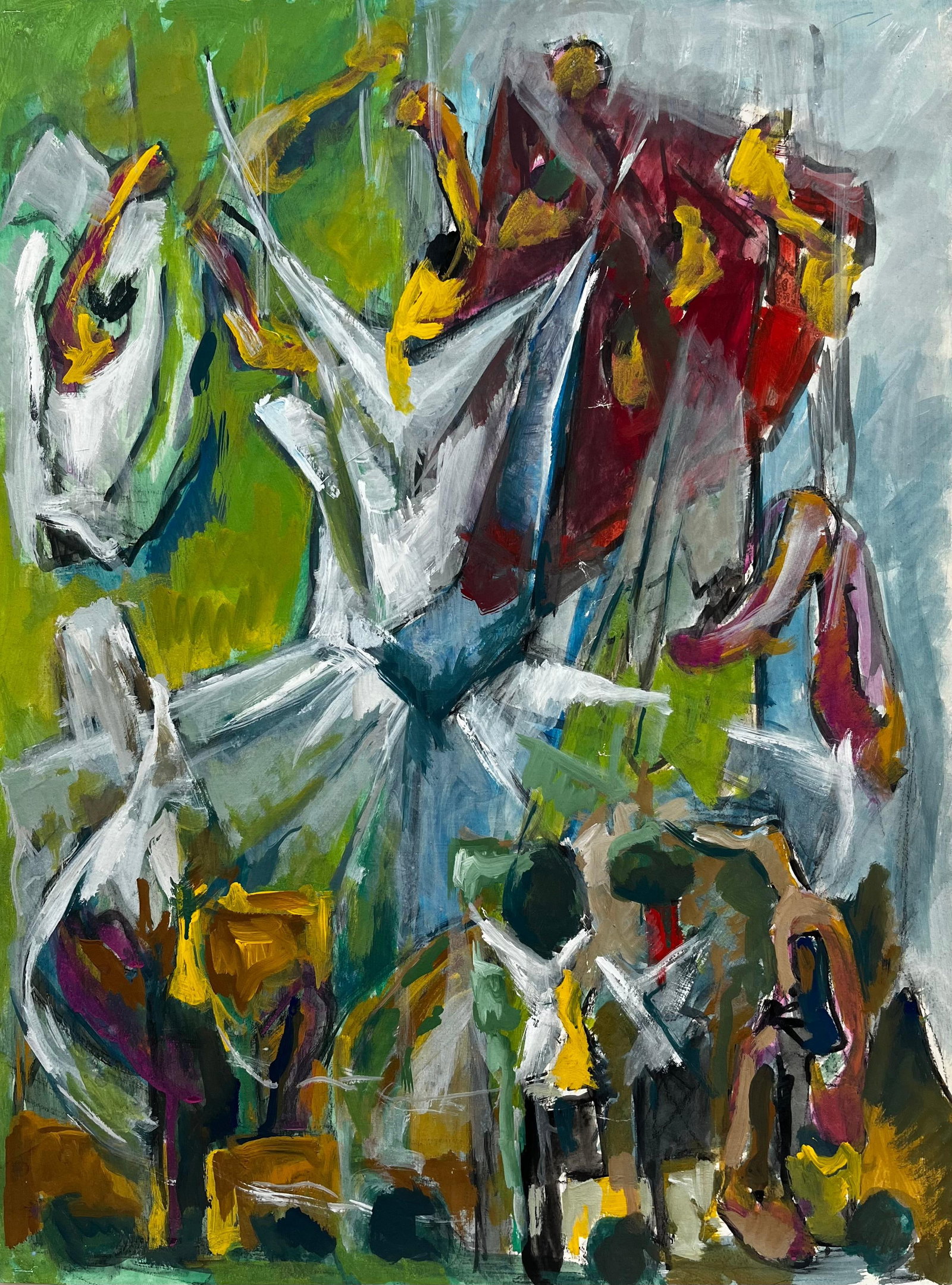 Abstract Expressionist Figures Dynamic French Modernist Gouache Painting: Title: Abstract Expressionist Figures Dynamic French Modernist Gouache Painting Guy Nicod (French 1923 - 2021) Gouache on artist paper, unframed Size: 24 x 18 inches (height x width) Provenance: Artis