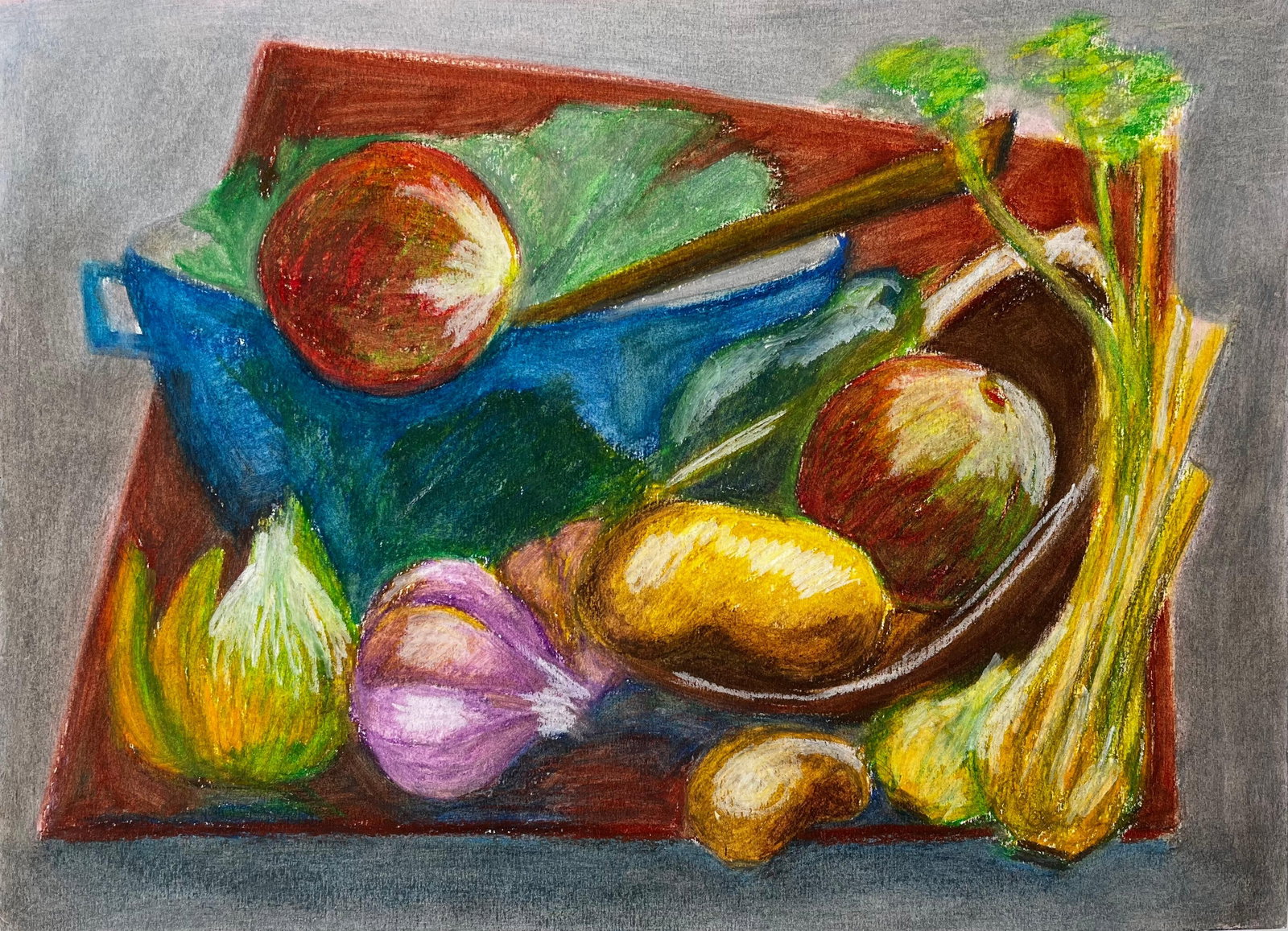 Still Life with Vegetables French Modernist Oil Pastel Drawing by Guy Nicod: Title: Still Life with Vegetables French Modernist Oil Pastel Drawing by Guy Nicod Guy Nicod (French 1923 - 2021) Oil Pastel on artist paper, unframed Size: 13.25 x 18.5 inches (height x width) Proven