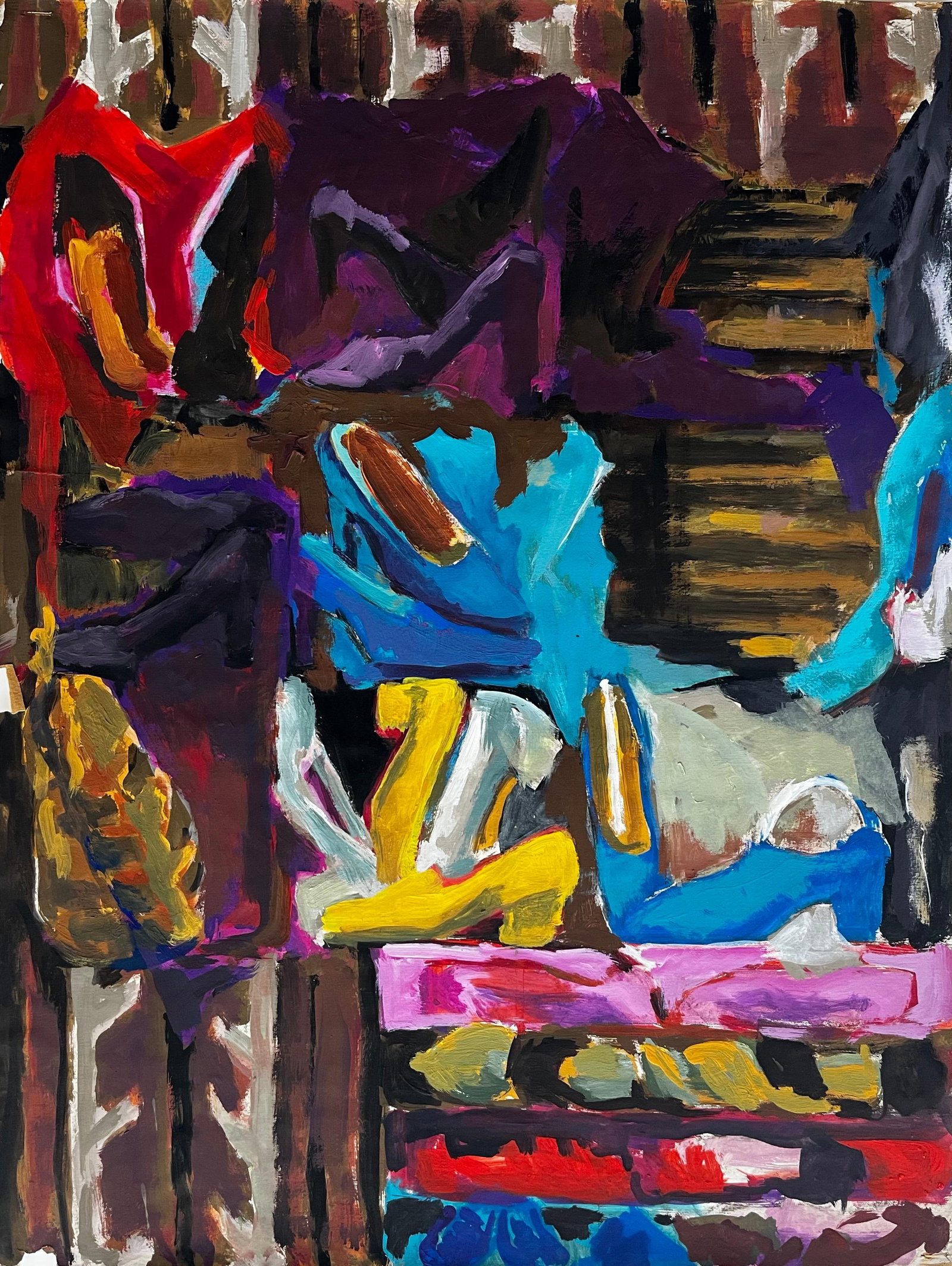 Abstract Interior with Womens Shoes Colourful French Modernist Gouache: Title: Abstract Interior with Womens Shoes Colourful French Modernist Gouache Guy Nicod (French 1923 - 2021) Gouache on artist paper, unframed Size: 24 x 18 inches (height x width) Provenance: Artists