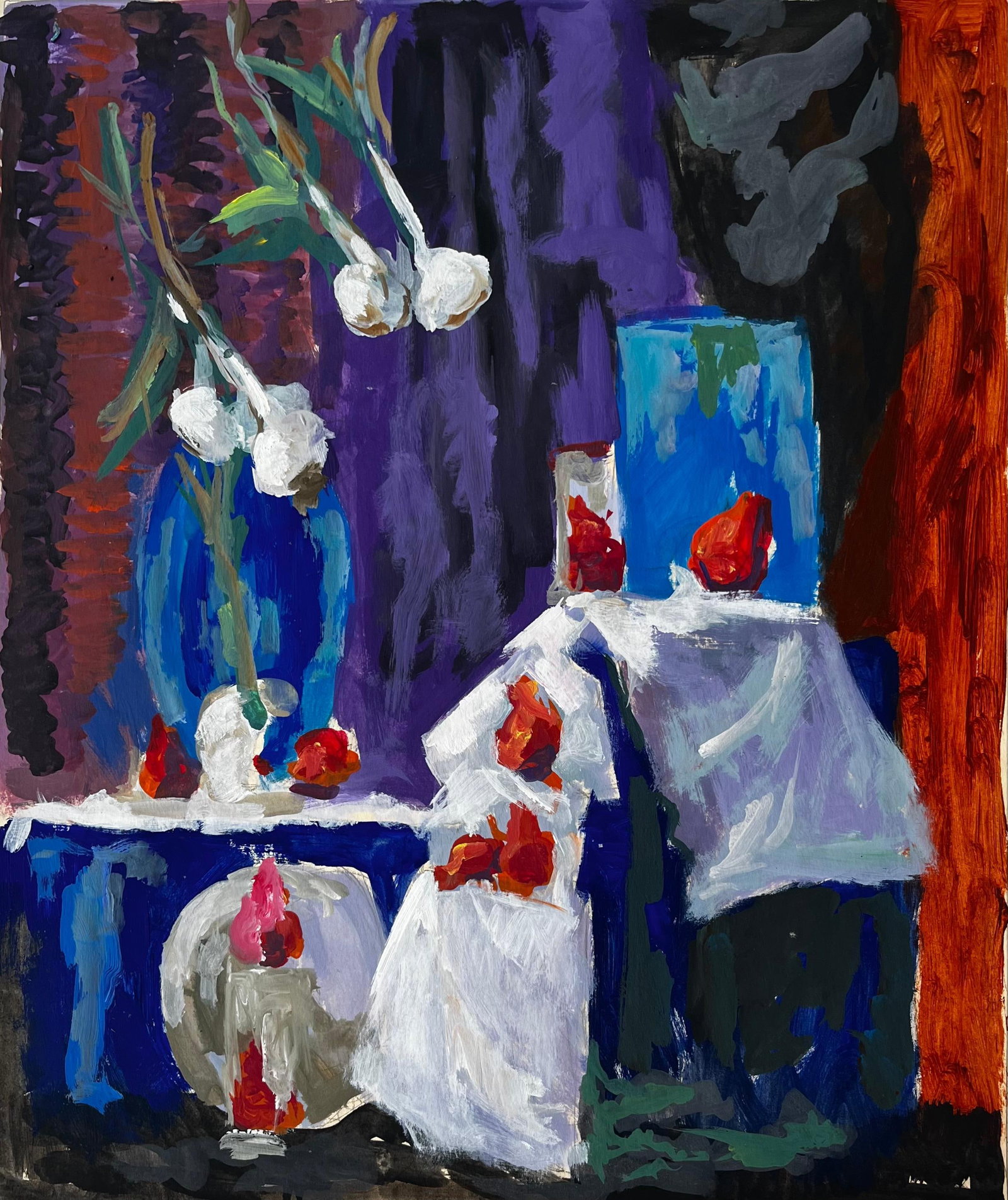 Still Life with Garlic Strawberries and Blue Vase French Modernist Gouache: Title: Still Life with Garlic Strawberries and Blue Vase French Modernist Gouache Guy Nicod (French 1923 - 2021) Gouache on artist paper, unframed Size: 24 x 19.5 inches (height x width) Provenance: A