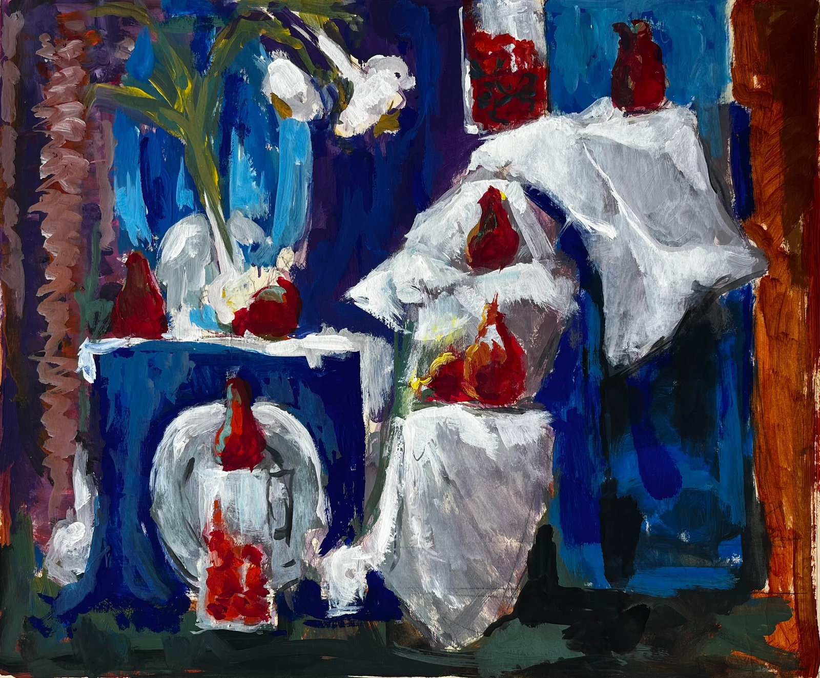 Still Life with Garlic Strawberries and White Drapes French Modernist Gouache (1 of 8)