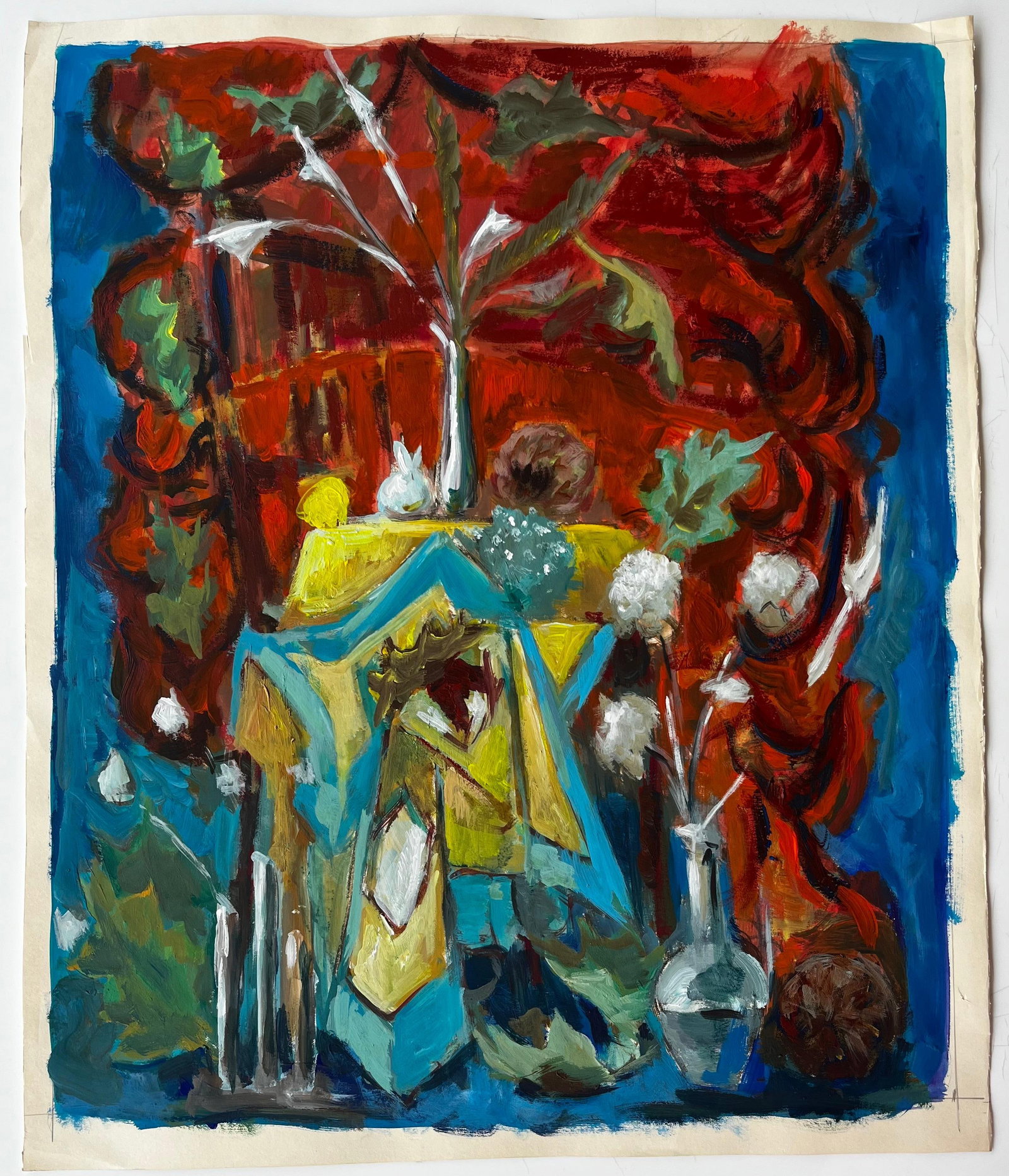 French Modernist Still Life with Blue and Yellow Drapes and Red Background: Title: French Modernist Still Life with Blue and Yellow Drapes and Red Background Guy Nicod (French 1923 - 2021) Gouache on artist paper, unframed Size: 23.25 x 19.5 inches (height x width) Provenance