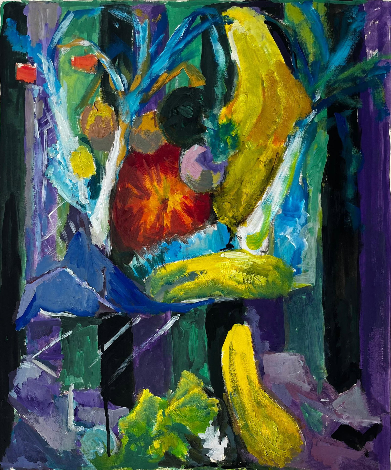 Still Life with Bananas Leeks and Pumpkin French Modernist Gouache: Title: Still Life with Bananas Leeks and Pumpkin French Modernist Gouache Guy Nicod (French 1923 - 2021) Gouache on artist paper, unframed Size: 23 x 19.25 inches (height x width) Provenance: Artists 
