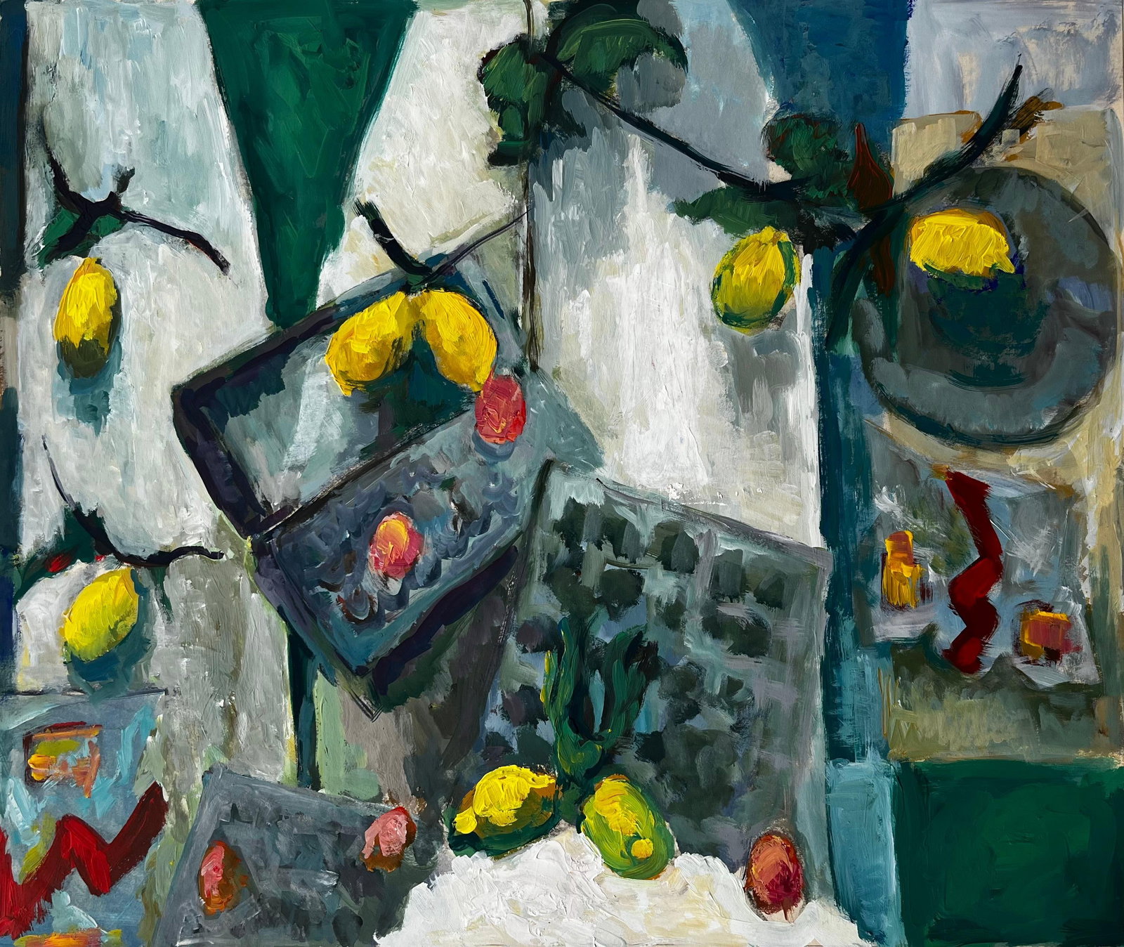 Still Life with Lemons Fruit Boxes and Green Leaves French Modernist Gouache: Title: Still Life with Lemons Fruit Boxes and Green Leaves French Modernist Gouache Guy Nicod (French 1923 - 2021) Gouache on artist paper, unframed Size: 19.25 x 23 inches (height x width) Provenance