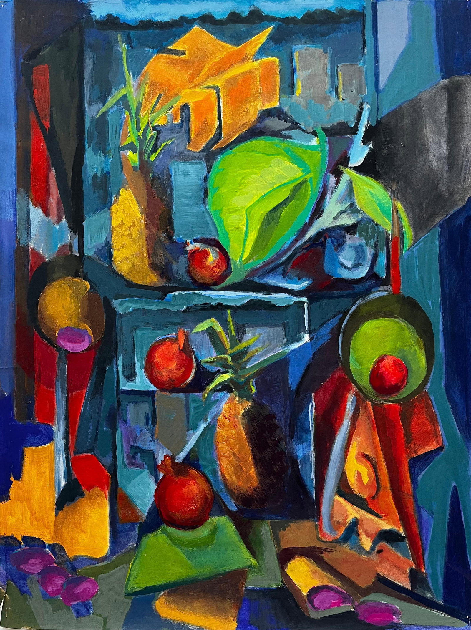 Pineapple Pomegranates Fruit Display with Leaves Shelves Modernist Still Life: Title: Pineapple Pomegranates Fruit Display with Leaves Shelves Modernist Still Life Guy Nicod (French 1923 - 2021) Gouache on artist paper, unframed Size: 24 x 18.25 inches (height x width) Provenanc