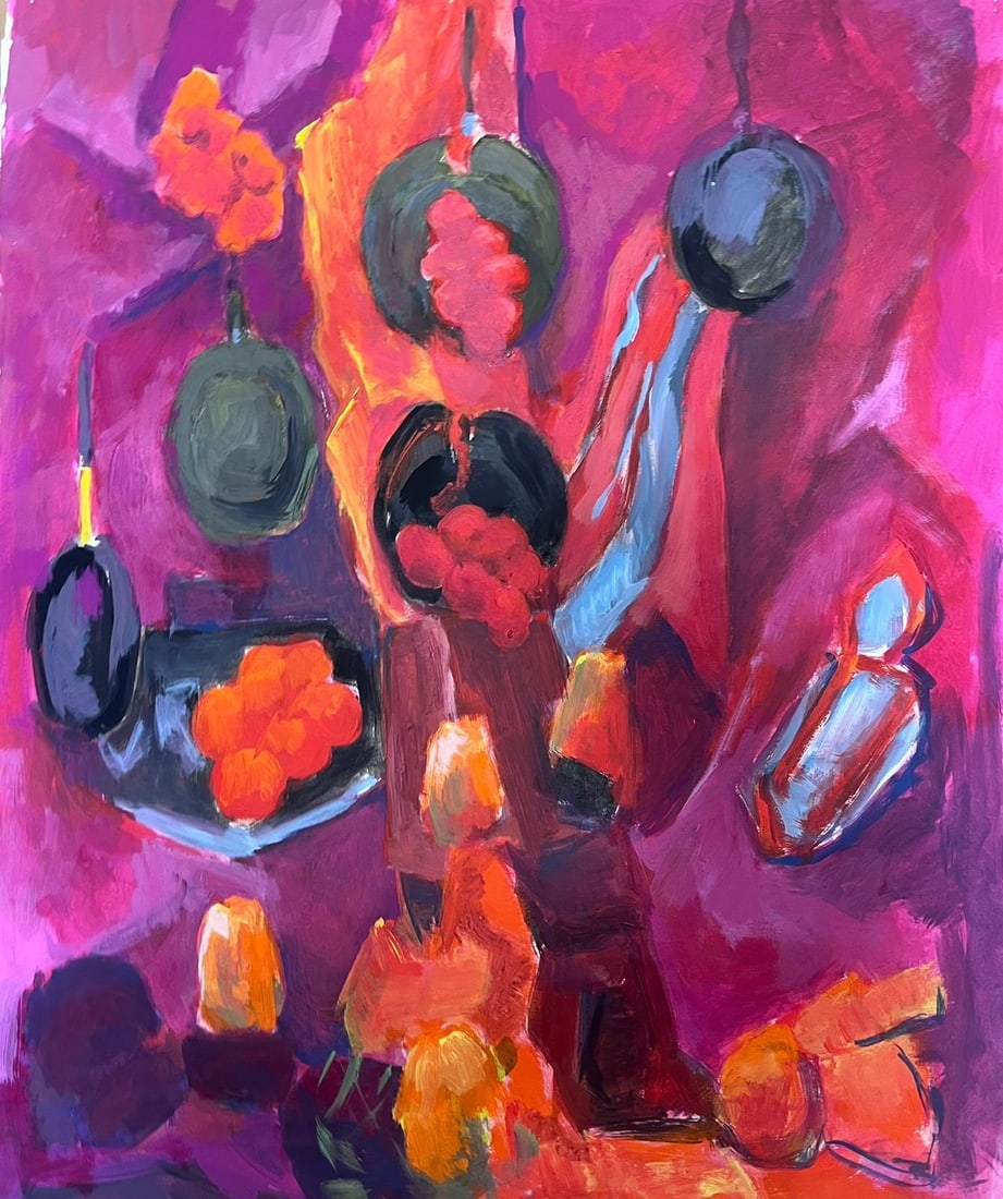 20th Century French Modernist Painting Purple Orange Pink Mauve Colors: Abstract Composition by Guy Nicod (French 1923 - 2021) oil on artist paper, unframed stamped verso painting: 24 x 20 inches provenance: artists estate, France condition: very good and sound condition.