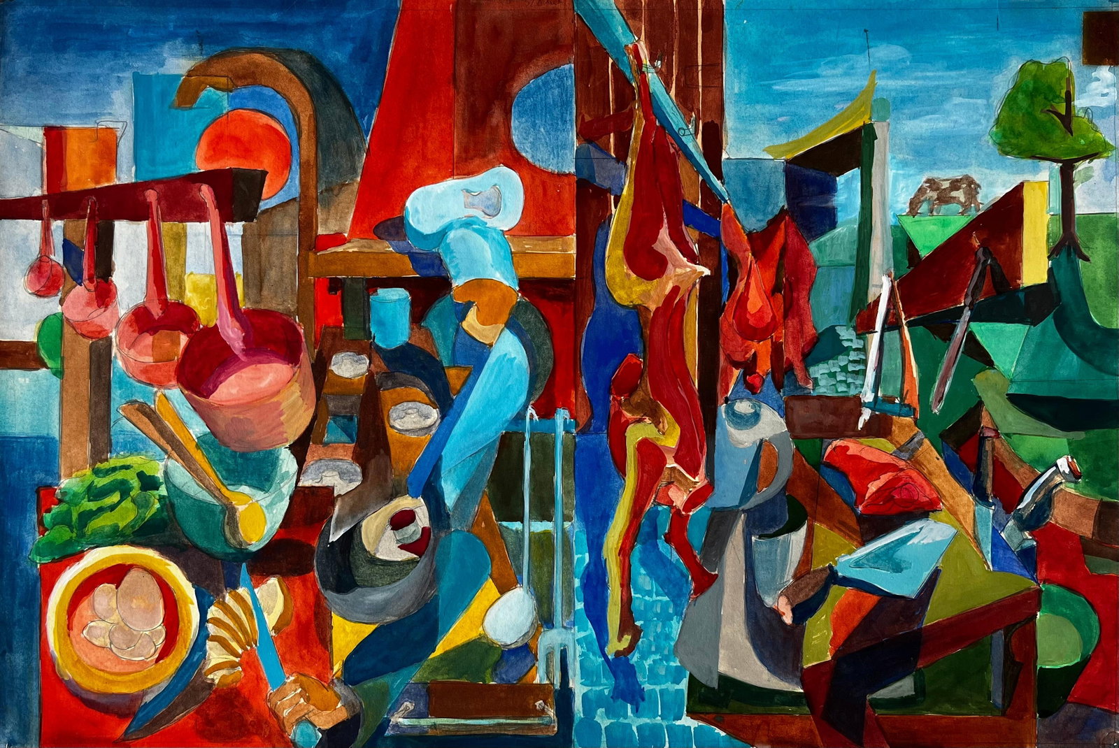 Cubist Kitchen And Butcher Scene With Hanging Meats And Utensils: Title: Cubist Kitchen And Butcher Scene With Hanging Meats And Utensils Guy Nicod (French 1923 - 2021) Gouache on artist paper, unframed Size: 14.5 x 21.75 inches (height x width) Provenance: Artists 