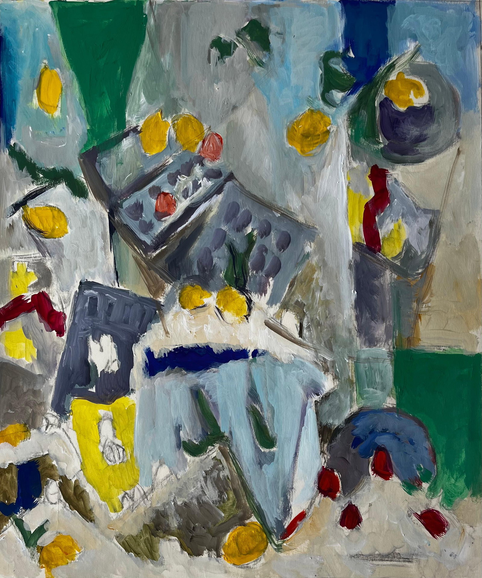 Abstract Still Life with Lemons Table and Blue Cloth French Modernist Gouache (1 of 8)
