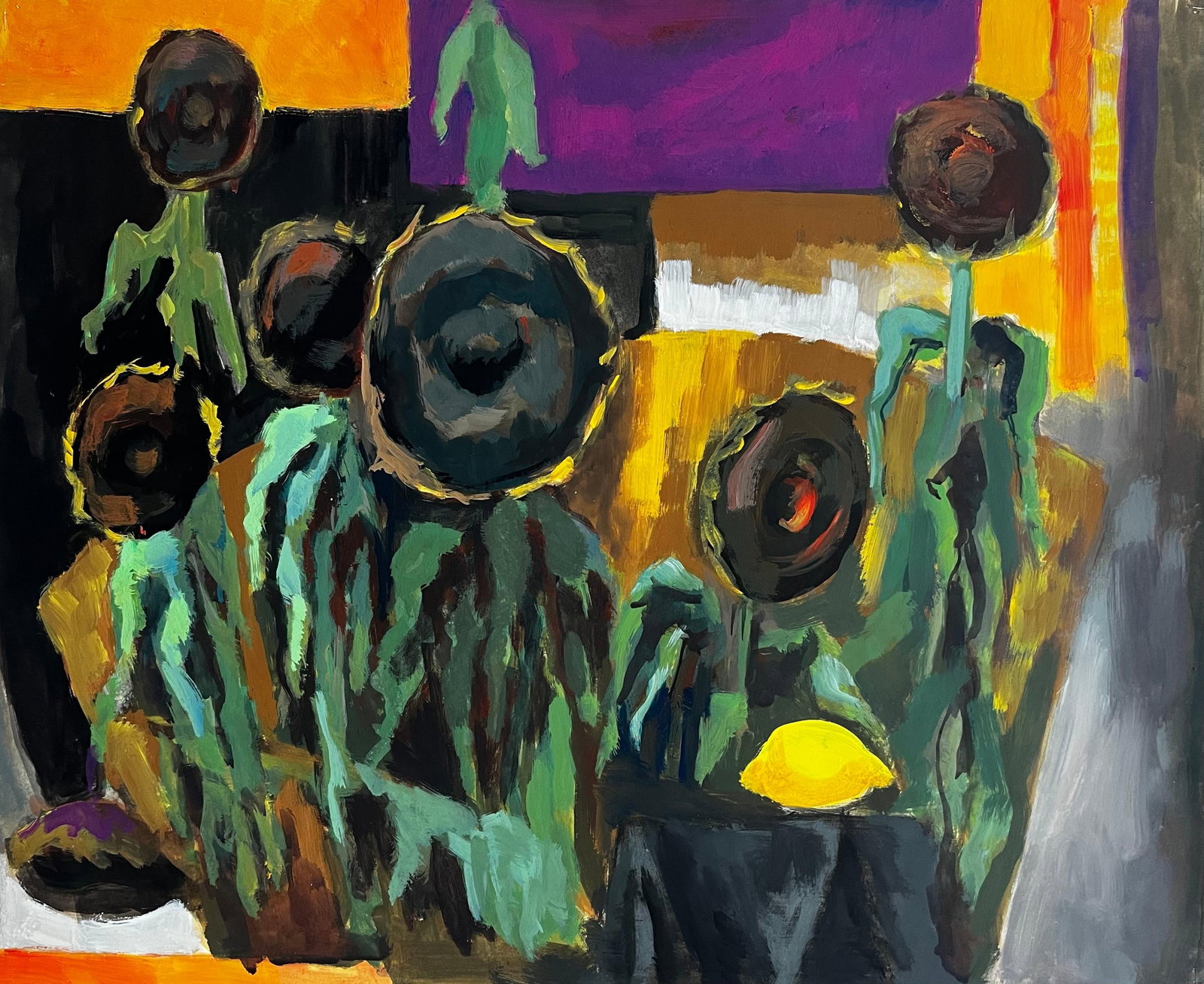 Abstract Sunflowers Still Life French Modernist Gouache Painting: Title: Abstract Sunflowers Still Life French Modernist Gouache Painting Guy Nicod (French 1923 - 2021) Gouache on artist paper, unframed Size: 19.75 x 24.25 inches (height x width) Provenance: Artists