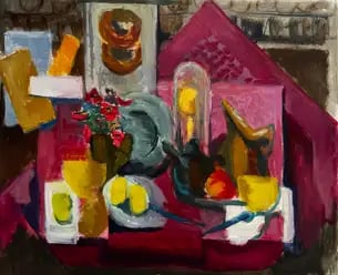 Abstract Still Life with Flowers Lemons Jug Cup and Cloche Modernist Gouache 1 (1 of 8)
