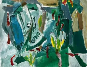 Green Table Newspaper and Flower Vases Abstract Interior Modernist Still Life: Title: Green Table Newspaper and Flower Vases Abstract Interior Modernist Still Life Guy Nicod (French 1923 - 2021) Gouache on artist paper, unframed Size: 19.75 x 25.5 inches (height x width) Provena