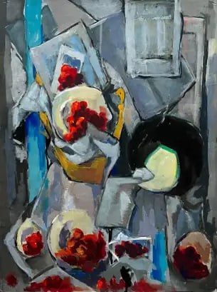 Abstract Still Life with Bowls Plates Red Grapes and Jug Modernist Gouache: Title: Abstract Still Life with Bowls Plates Red Grapes and Jug Modernist Gouache Guy Nicod (French 1923 - 2021) Gouache on artist paper, unframed Size: 24 x 18 inches (height x width) Provenance: Art