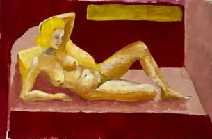 Vintage Reclining Nude Modernist Female Figure French Gouache Painting on Paper: Title: Vintage Reclining Nude Modernist Female Figure French Gouache Painting on PaperGuy Nicod (French 1923 - 2021)Gouache on artist paper, unframedSize: 17.25 x 24.5 inches (height x width)Provenanc