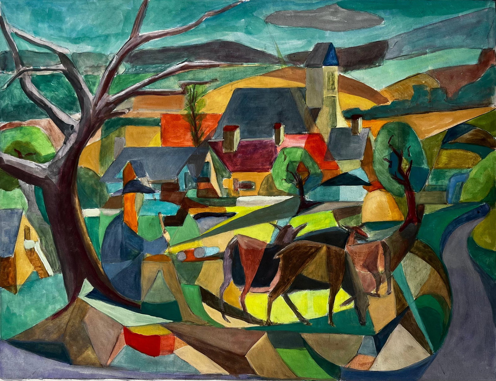 Cubist Gouache French Village Landscape With Deer Church Trees And Hills: Title: Cubist Gouache French Village Landscape With Deer Church Trees And Hills Guy Nicod (French 1923 - 2021) Gouache on artist paper, unframed Size: 19.75 x 25.25 inches (height x width) Provenance: